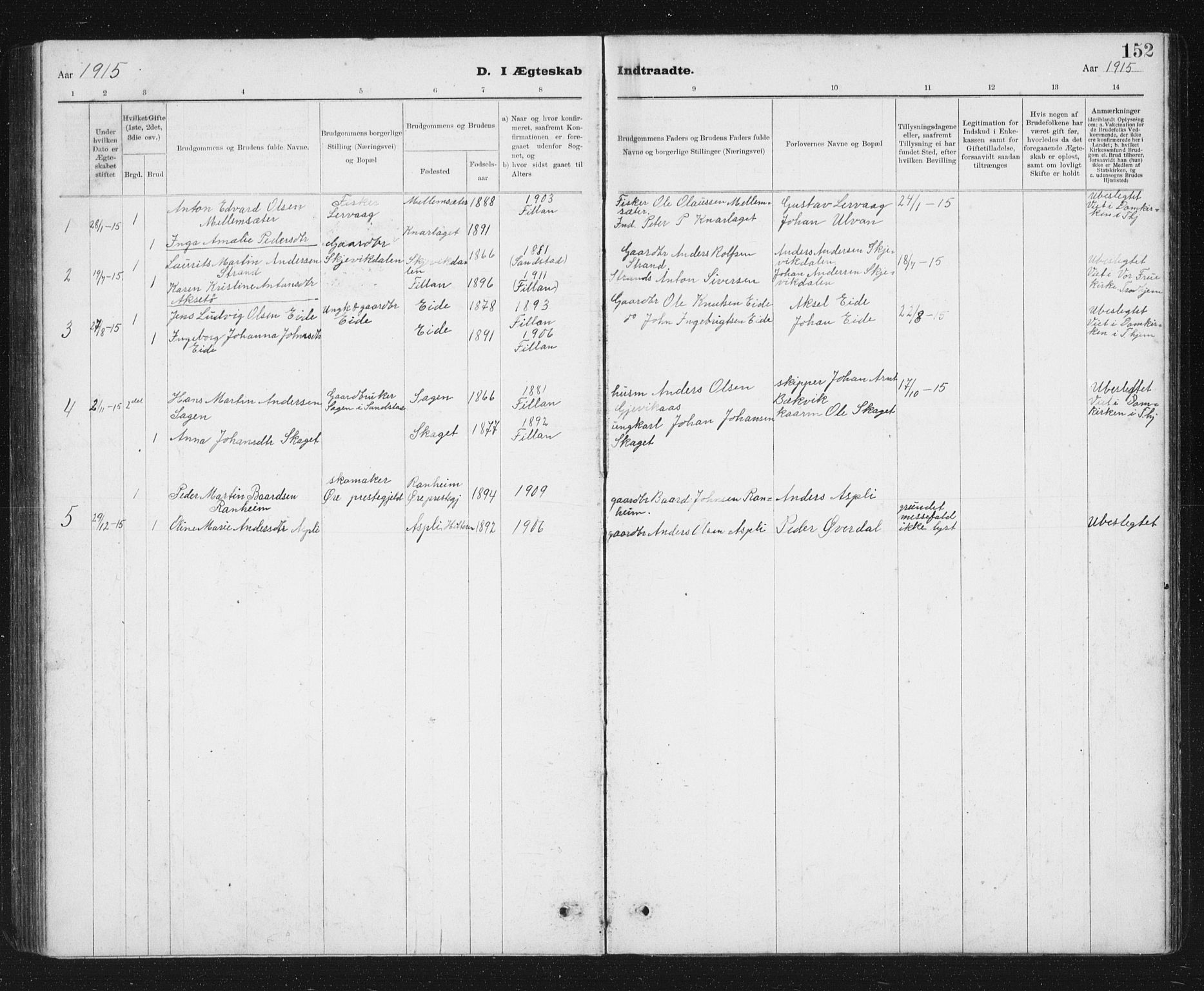 Ministerialprotokoller, klokkerbøker og fødselsregistre - Sør-Trøndelag, SAT/A-1456/637/L0563: Parish register (copy) no. 637C04, 1899-1940, p. 152