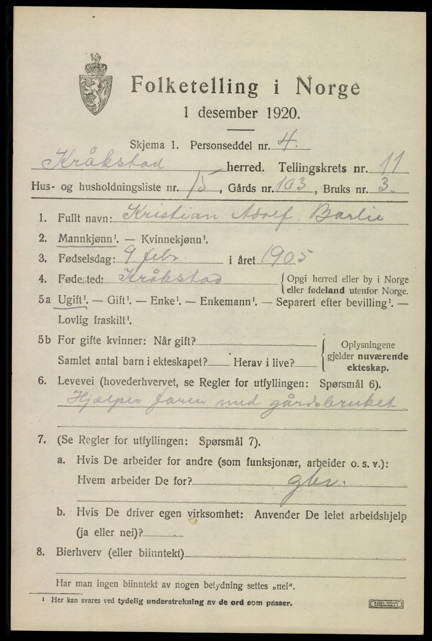 SAO, 1920 census for Kråkstad, 1920, p. 11461
