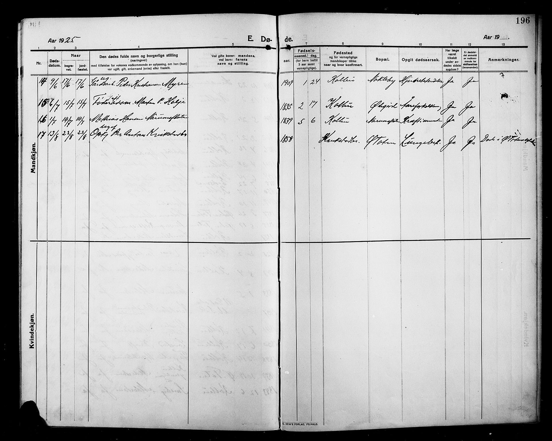 Kolbu prestekontor, SAH/PREST-110/H/Ha/Hab/L0001: Parish register (copy) no. 1, 1912-1925, p. 196