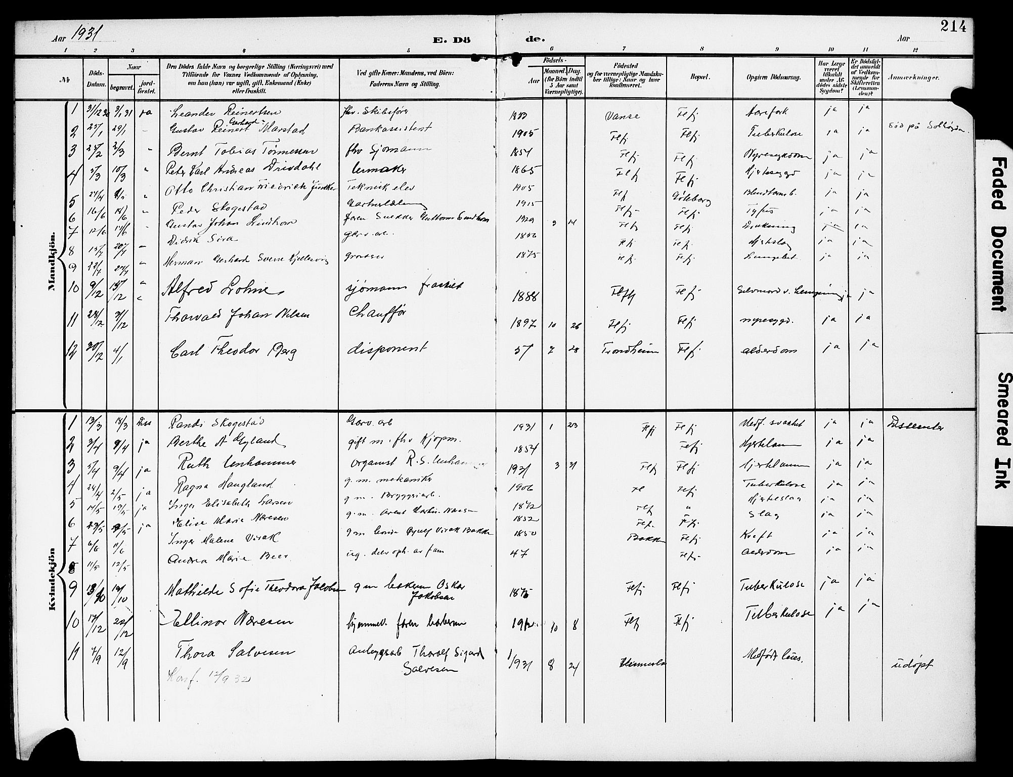 Flekkefjord sokneprestkontor, SAK/1111-0012/F/Fb/Fba/L0001: Parish register (copy) no. B 1, 1903-1931, p. 214