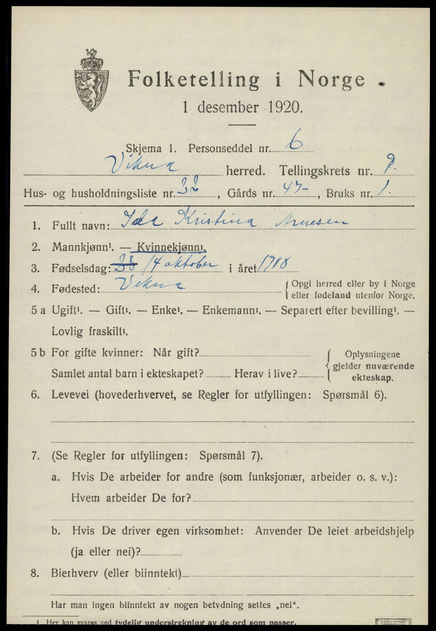 SAT, 1920 census for Vikna, 1920, p. 6663