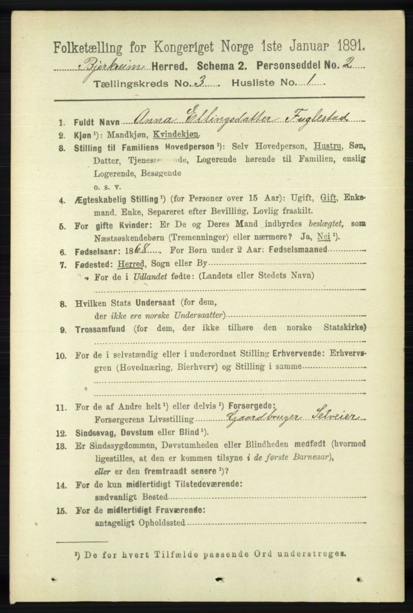 RA, 1891 census for 1114 Bjerkreim, 1891, p. 893