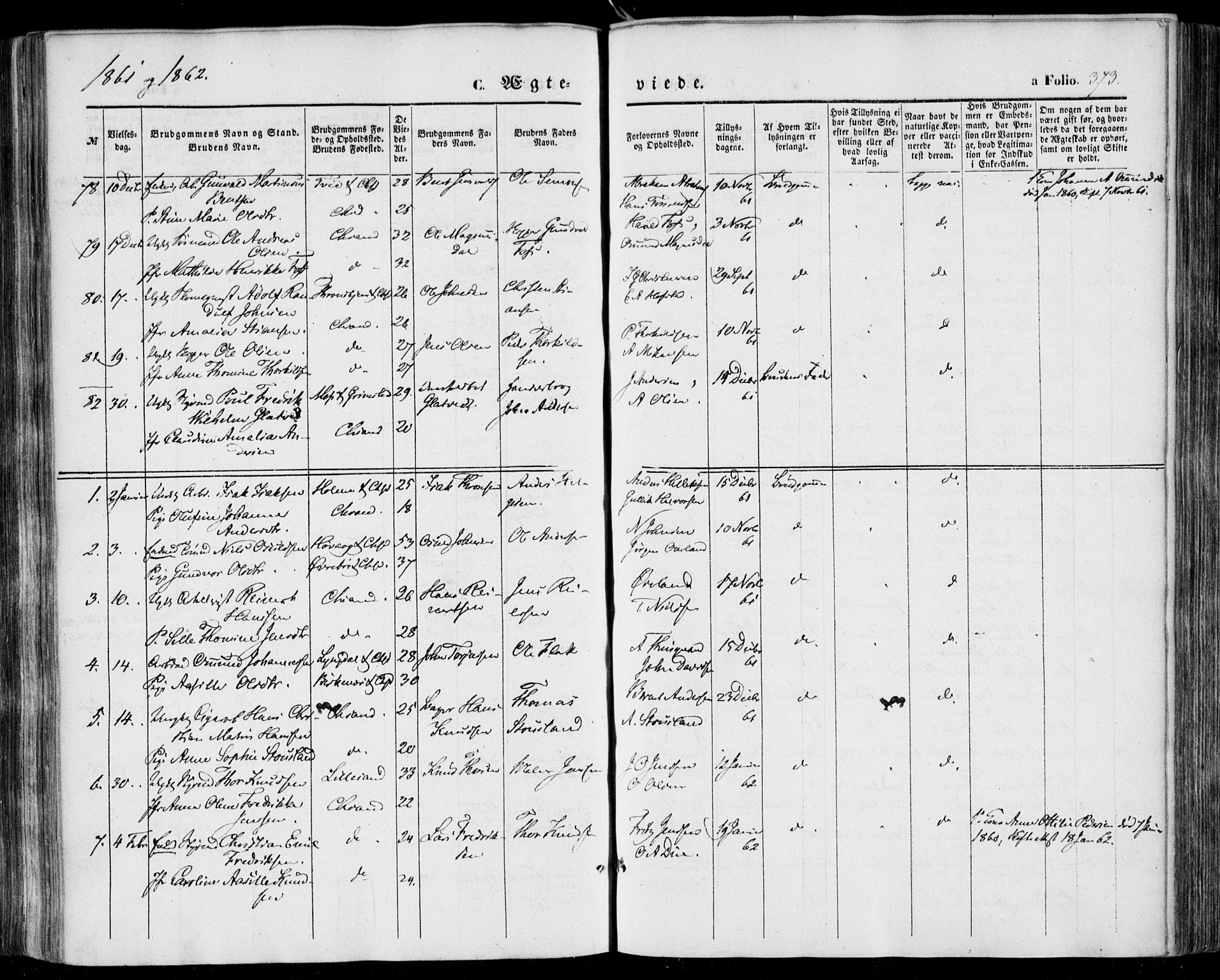Kristiansand domprosti, SAK/1112-0006/F/Fa/L0014: Parish register (official) no. A 14, 1852-1867, p. 373