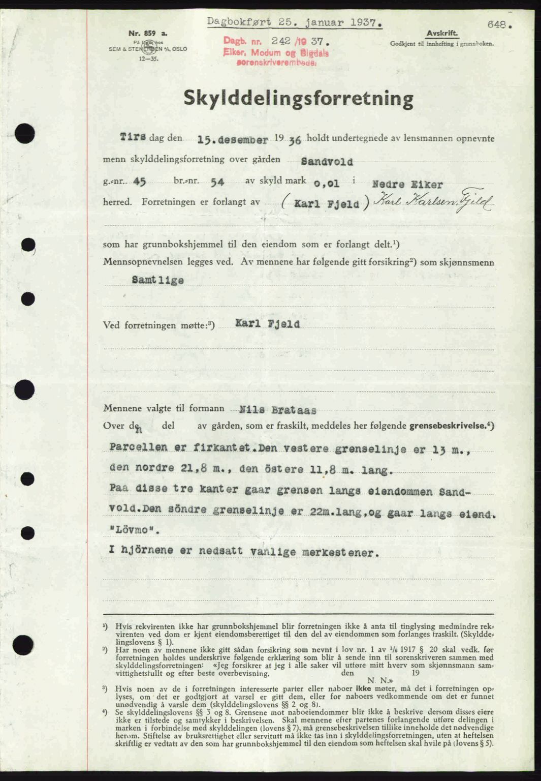Eiker, Modum og Sigdal sorenskriveri, SAKO/A-123/G/Ga/Gab/L0034: Mortgage book no. A4, 1936-1937, Diary no: : 242/1937