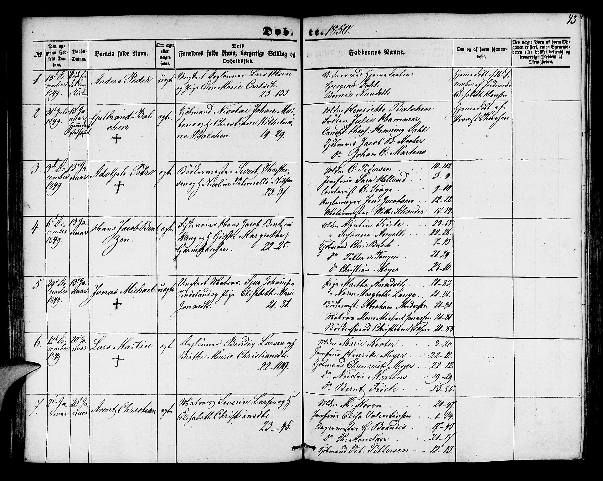 Korskirken sokneprestembete, AV/SAB-A-76101/H/Hab: Parish register (copy) no. B 2, 1847-1853, p. 43