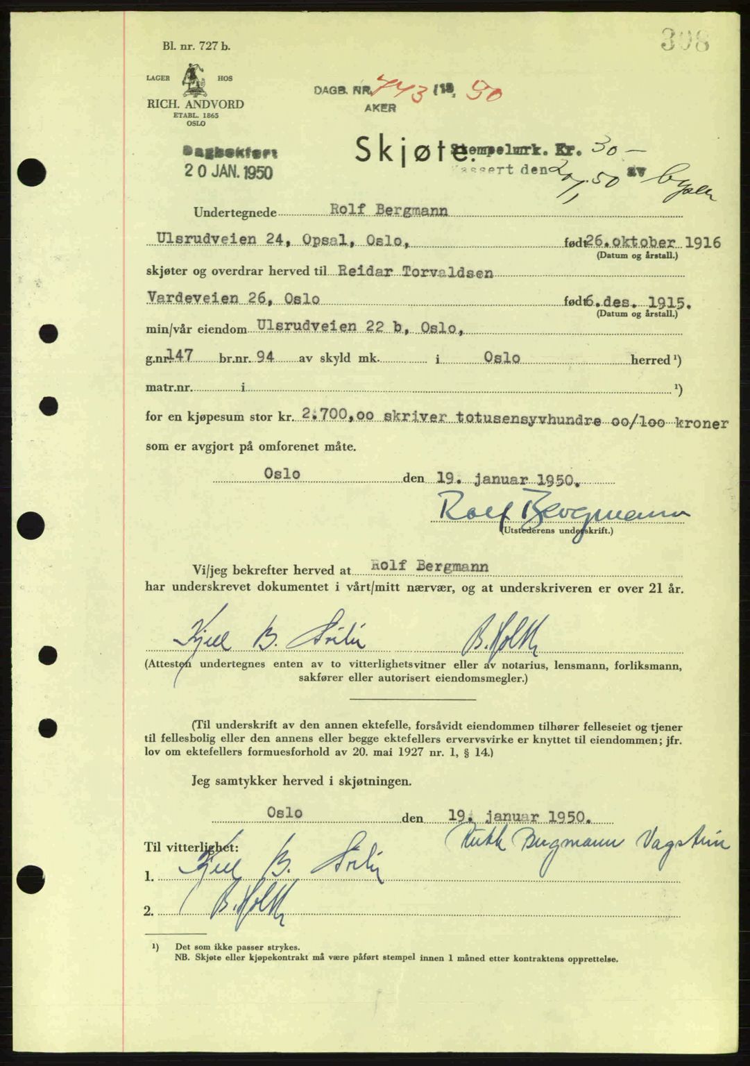 Oslo byskriverembete, AV/SAO-A-10227/G/Gb/Gbd/Gbda/L0017: Mortgage book no. A215, 1949-1950, Diary no: : 743/1950