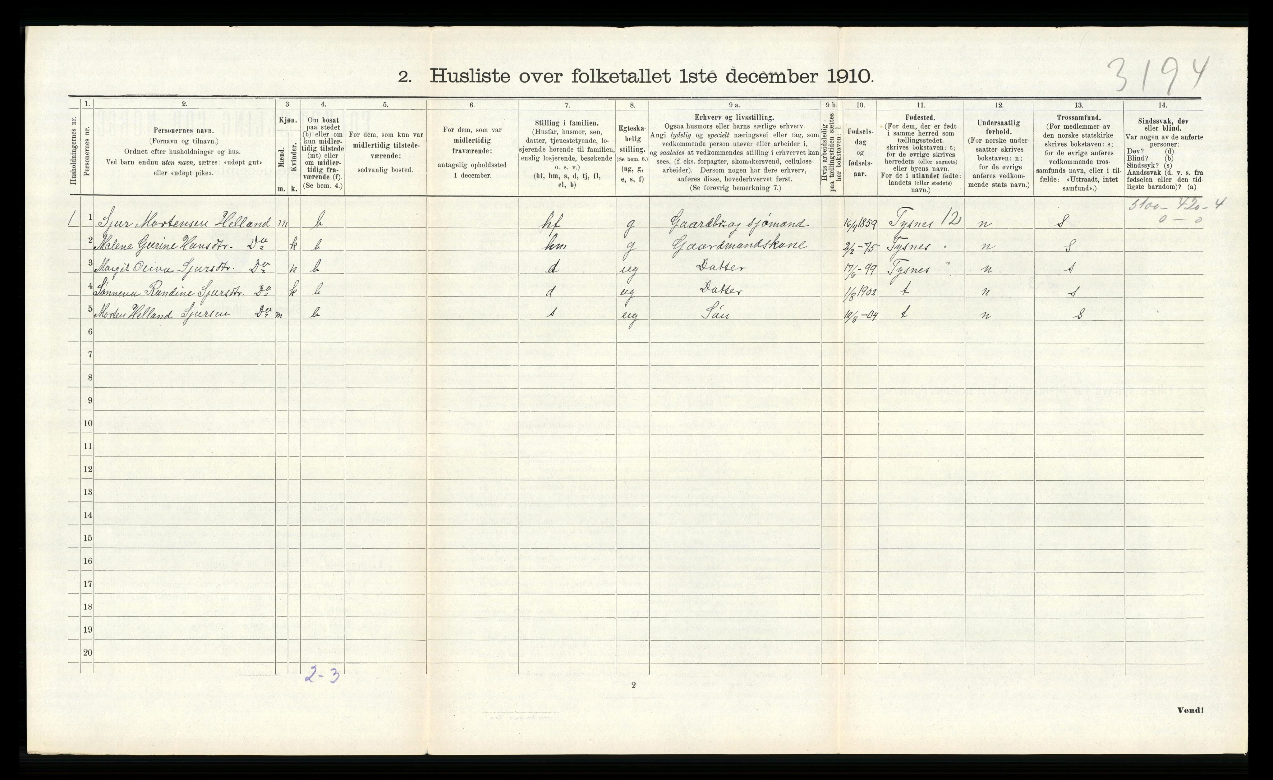 RA, 1910 census for Stord, 1910, p. 904