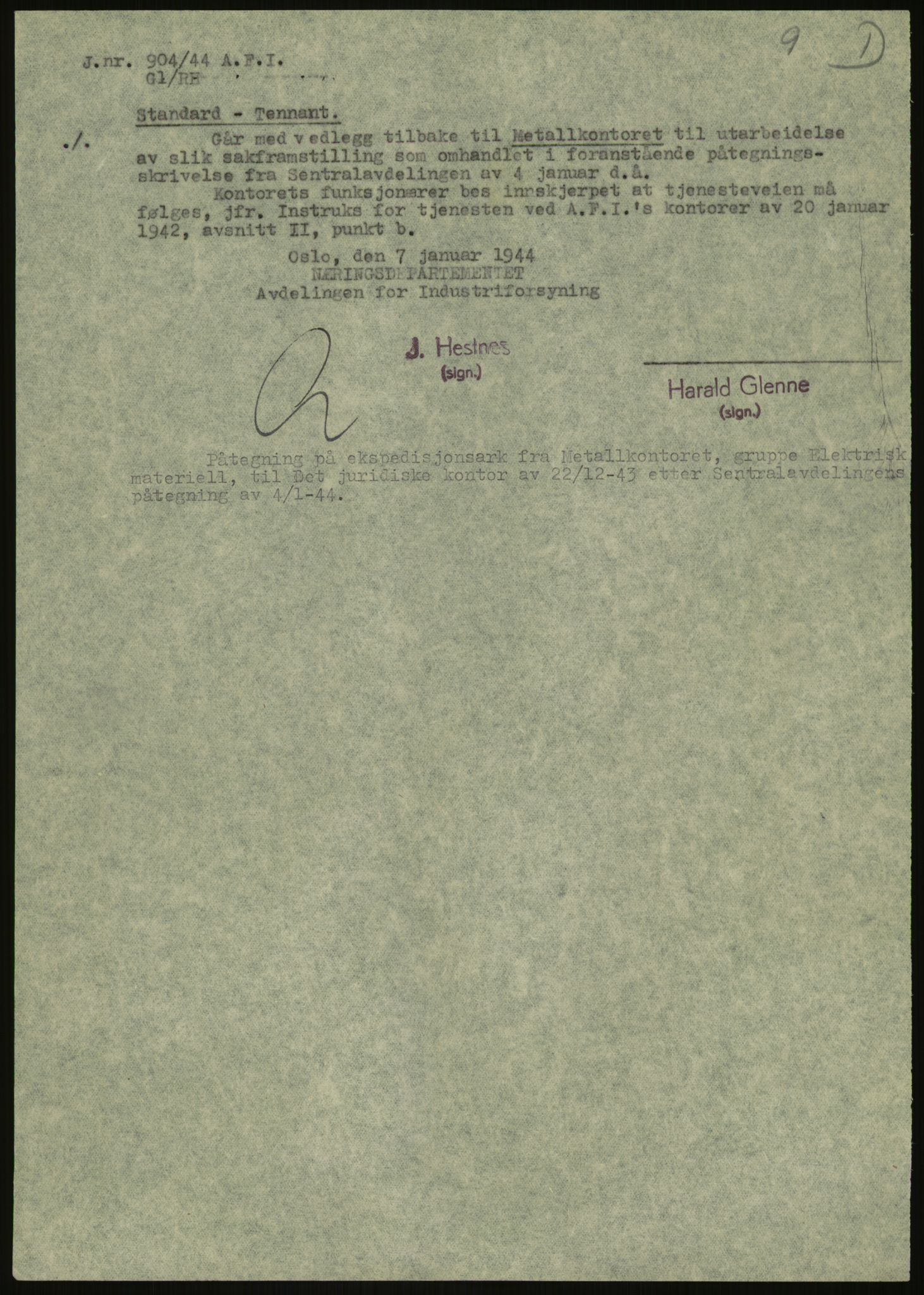 Direktoratet for industriforsyning, Sekretariatet, AV/RA-S-4153/D/Df/L0054: 9. Metallkontoret, 1940-1945, p. 479