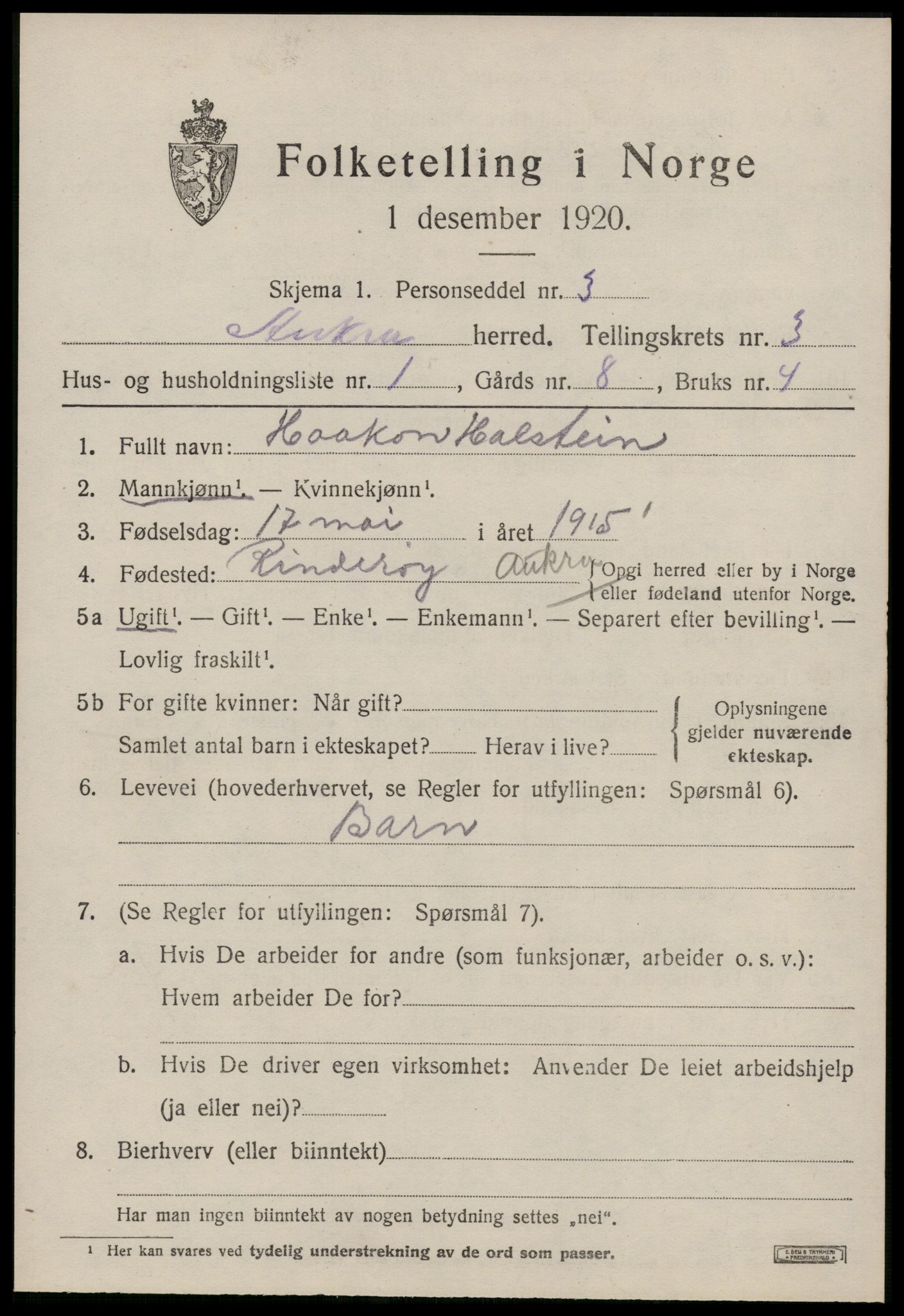 SAT, 1920 census for Aukra, 1920, p. 2545