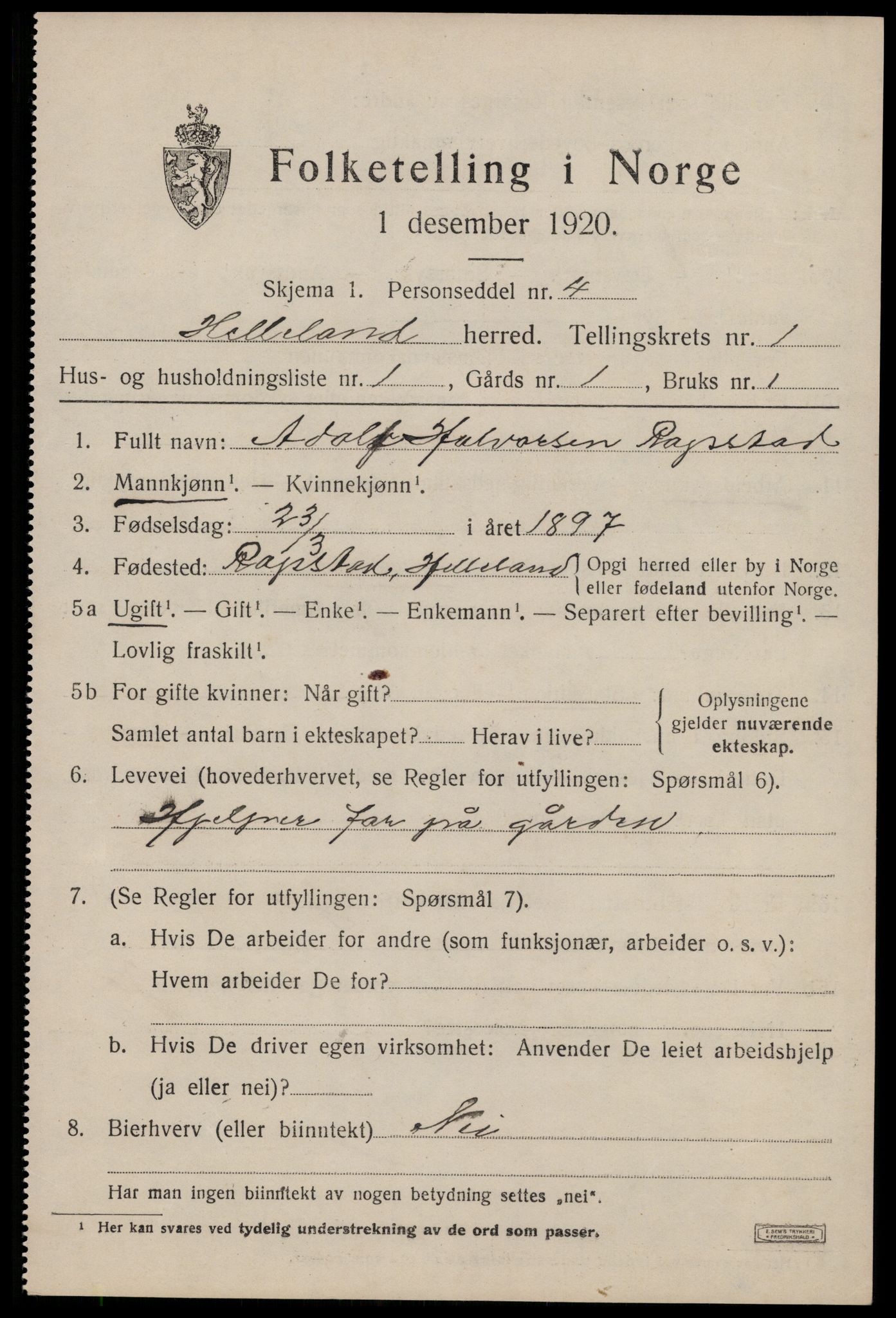 SAST, 1920 census for Helleland, 1920, p. 421