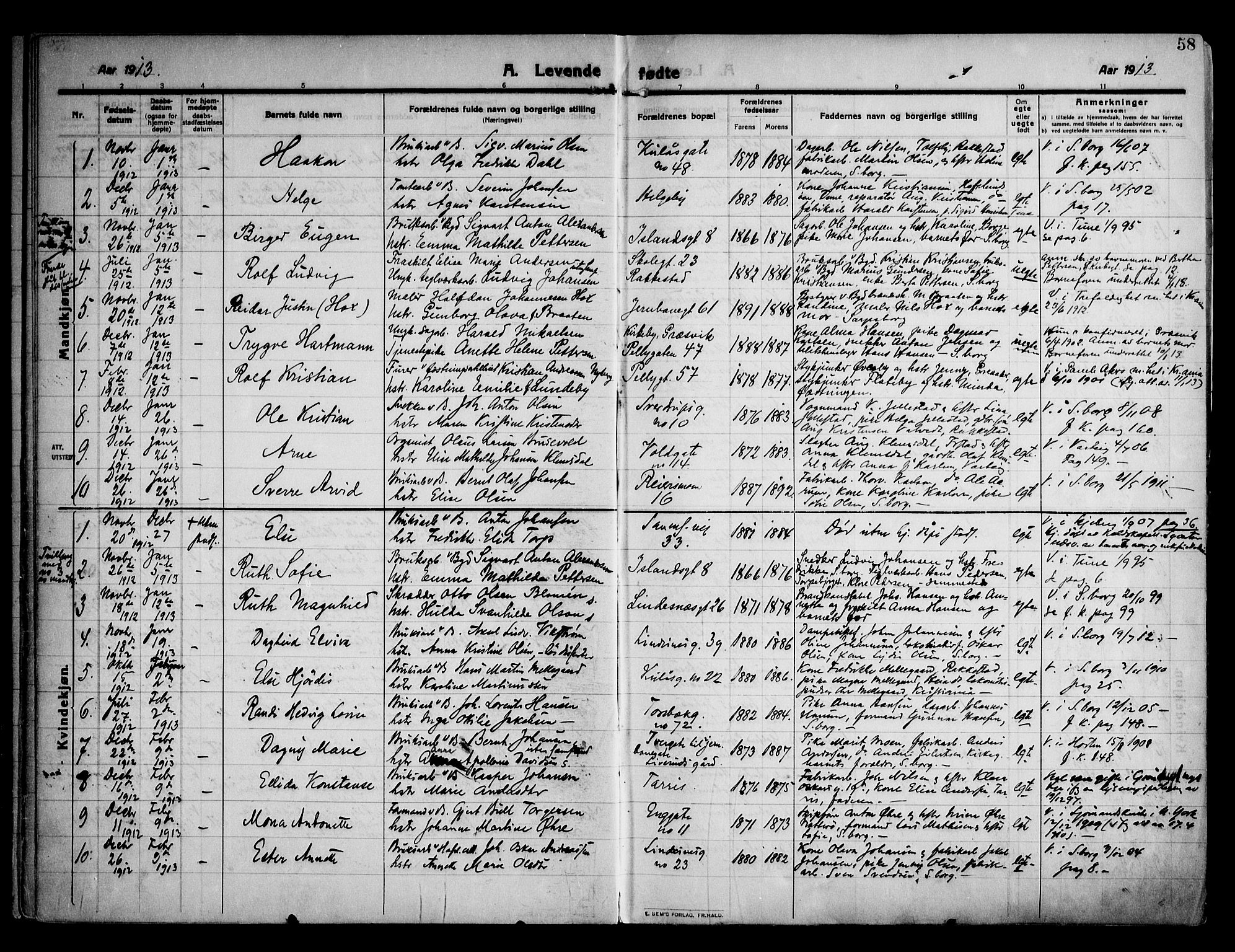 Sarpsborg prestekontor Kirkebøker, AV/SAO-A-2006/F/Fa/L0008: Parish register (official) no. 8, 1910-1920, p. 58