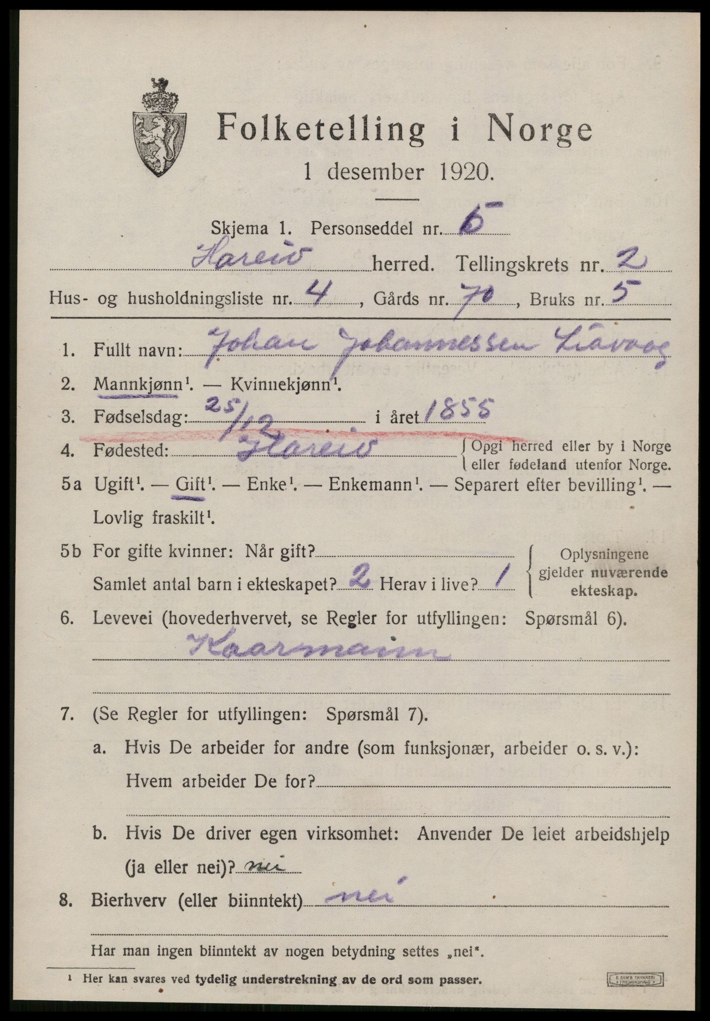 SAT, 1920 census for Hareid, 1920, p. 981