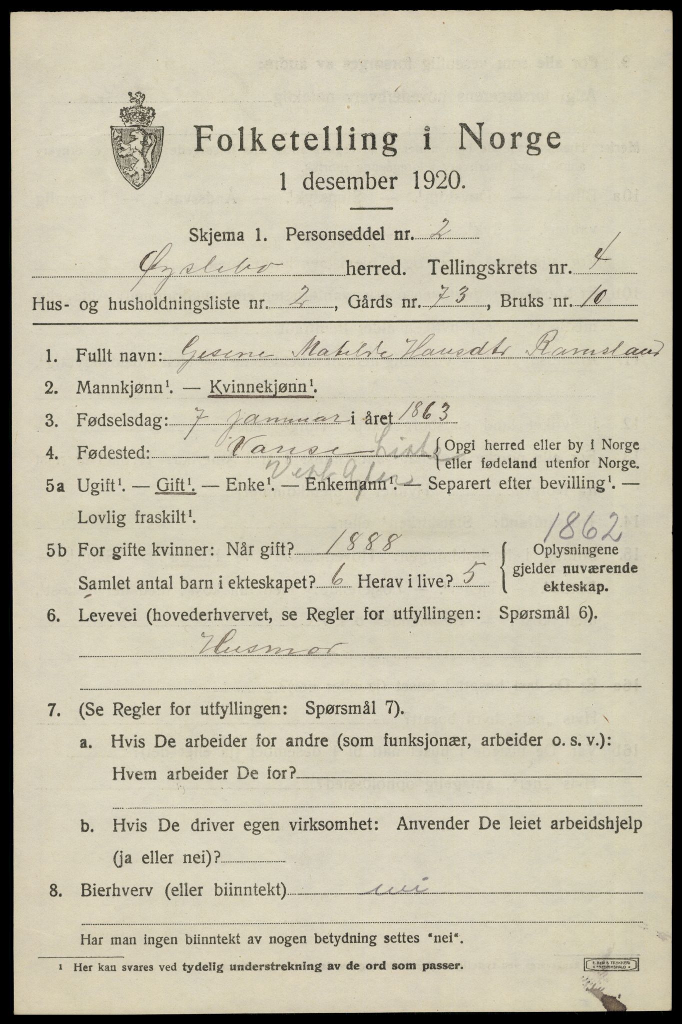 SAK, 1920 census for Øyslebø, 1920, p. 1132