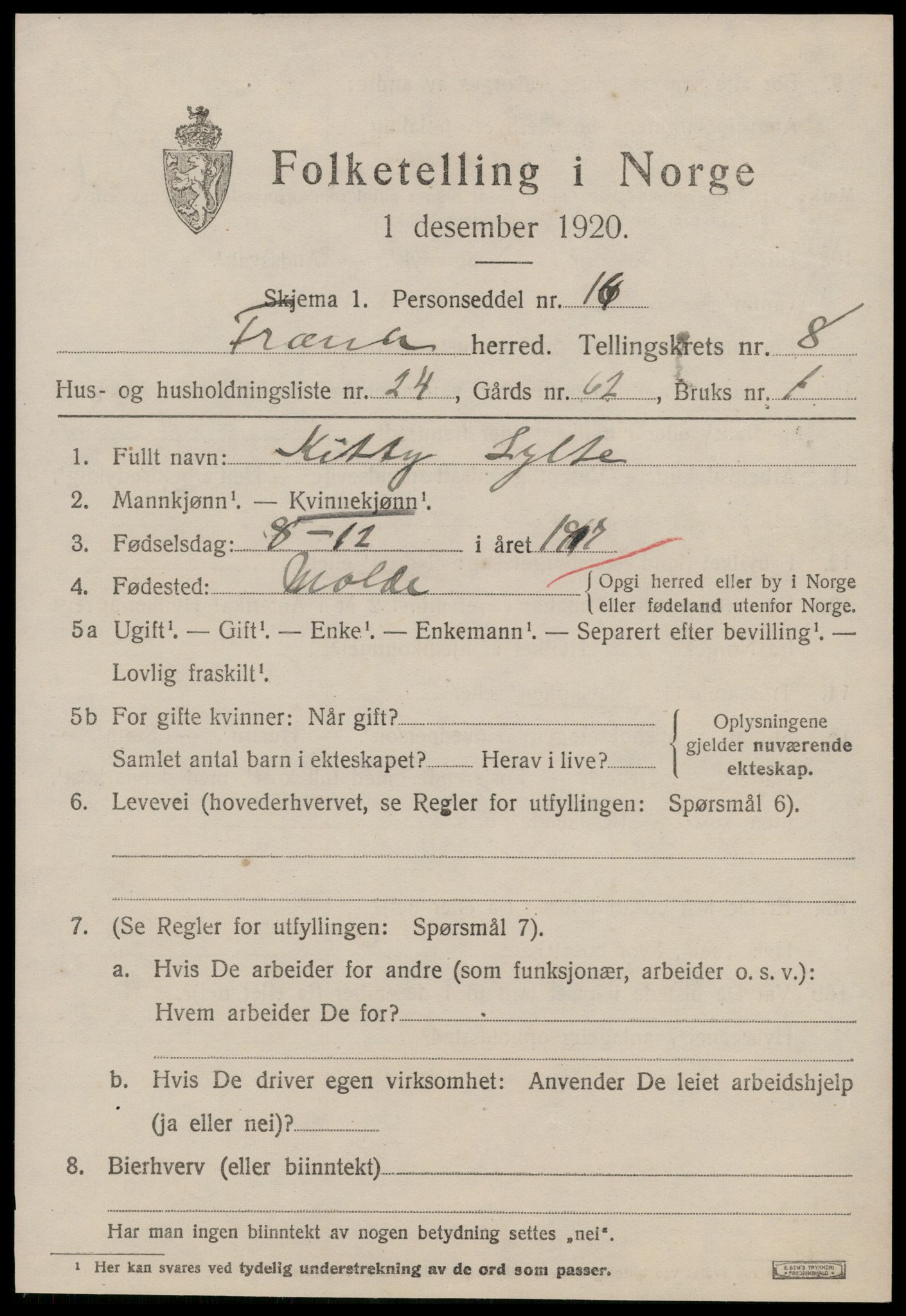 SAT, 1920 census for Fræna, 1920, p. 5357