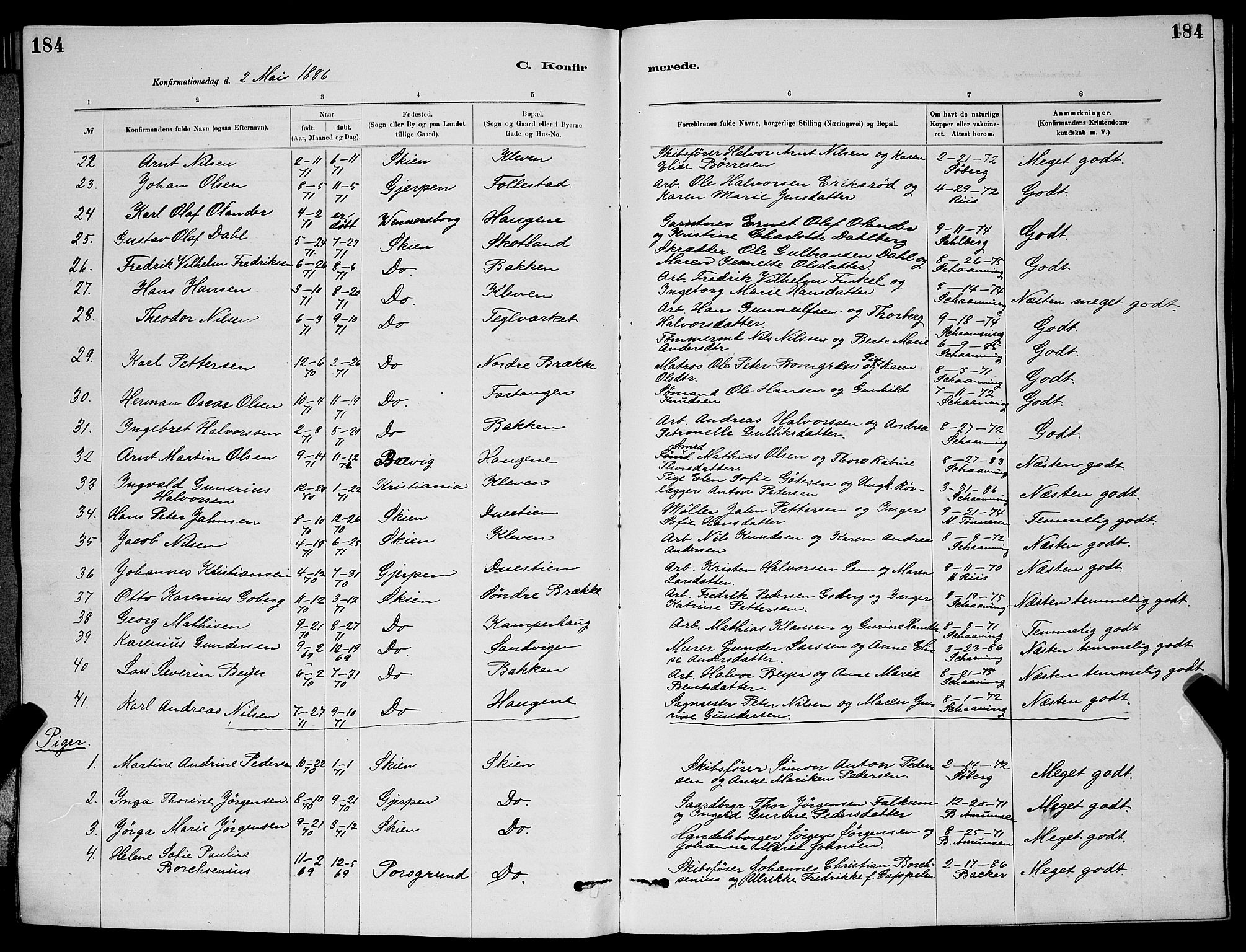 Skien kirkebøker, SAKO/A-302/G/Ga/L0006: Parish register (copy) no. 6, 1881-1890, p. 184