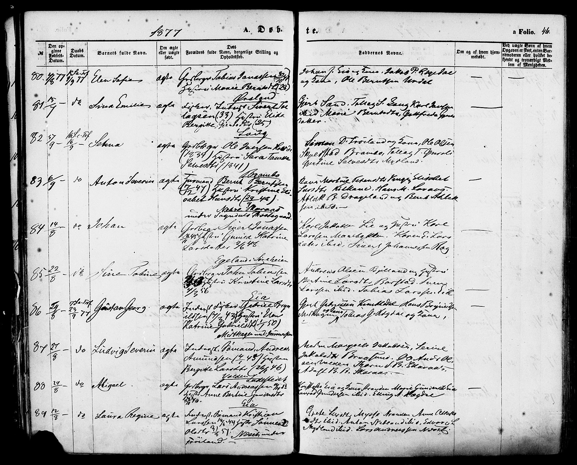 Sokndal sokneprestkontor, AV/SAST-A-101808: Parish register (official) no. A 10, 1874-1886, p. 46