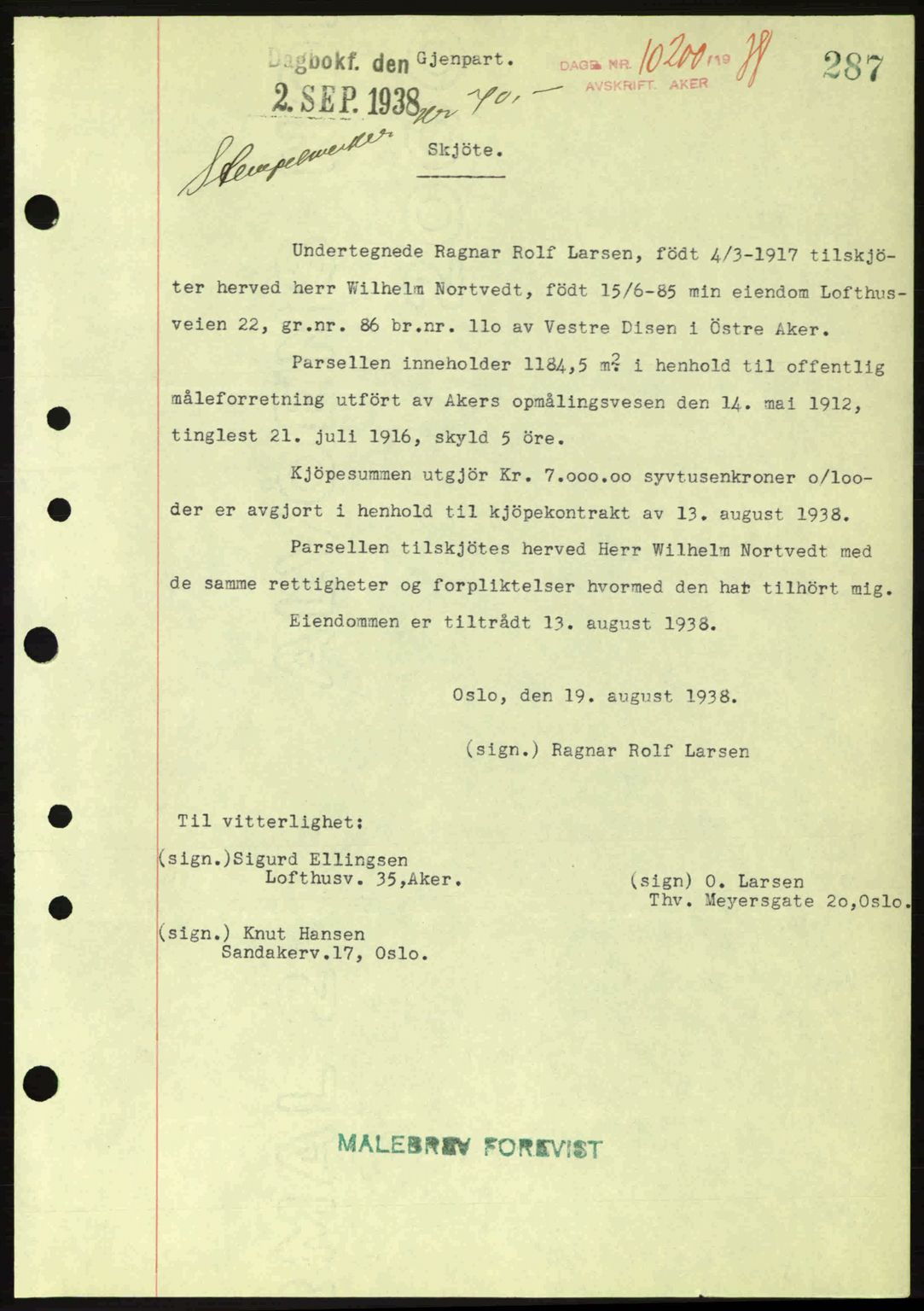 Aker herredsskriveri, SAO/A-10896/G/Gb/Gba/Gbab/L0025: Mortgage book no. A154-155, 1938-1938, Diary no: : 10200/1938