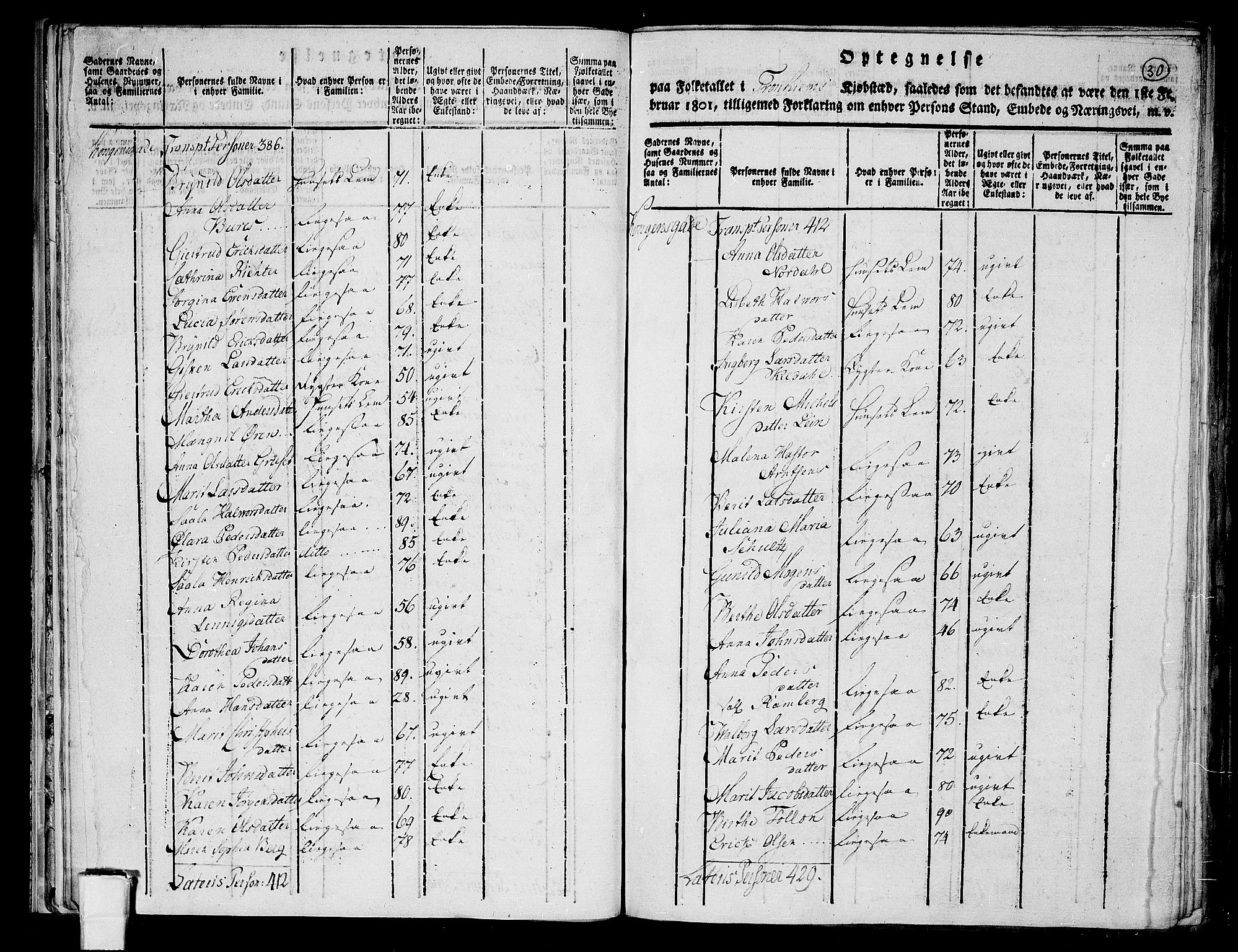 RA, 1801 census for 1601 Trondheim, 1801, p. 29b-30a