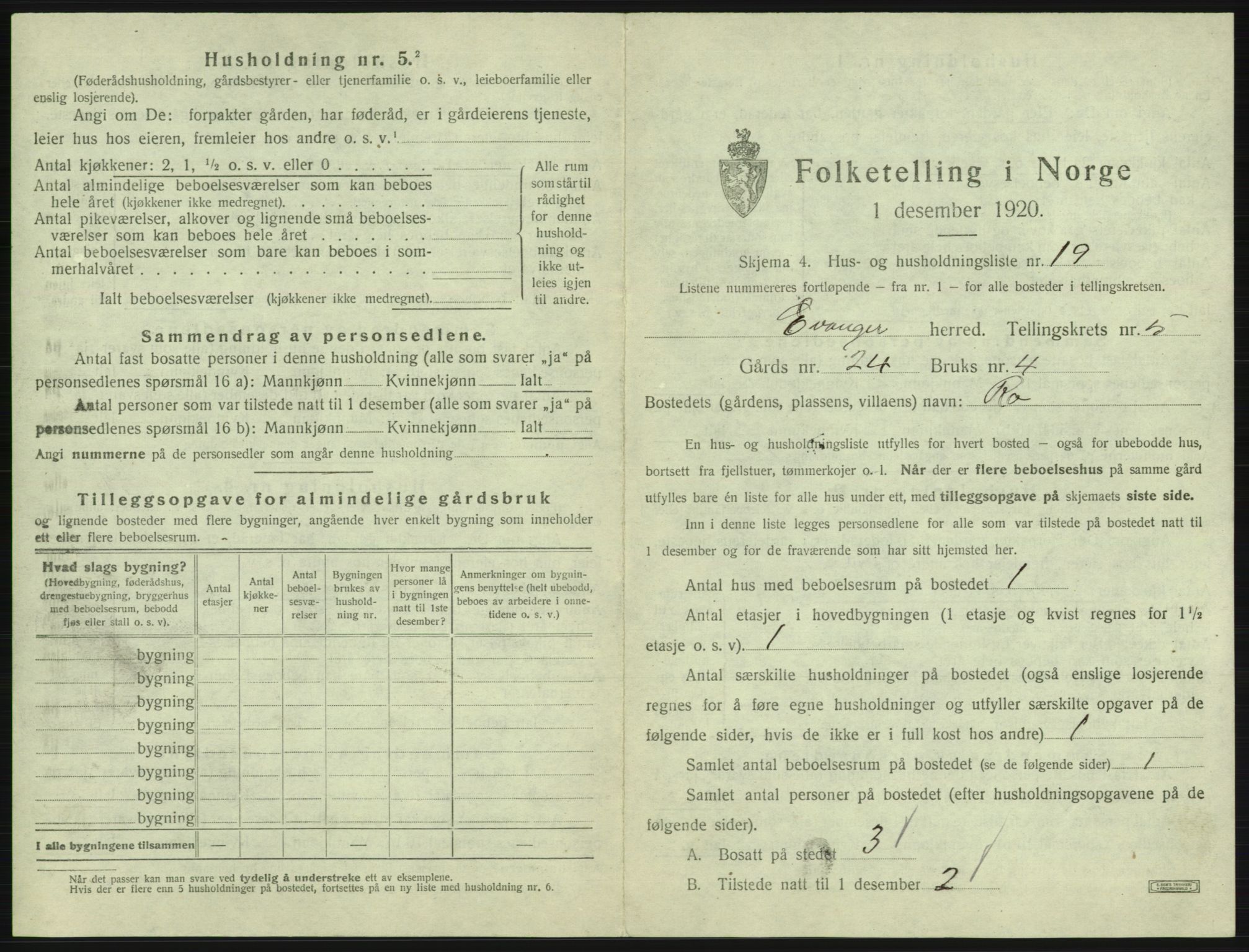 SAB, 1920 census for Evanger, 1920, p. 267