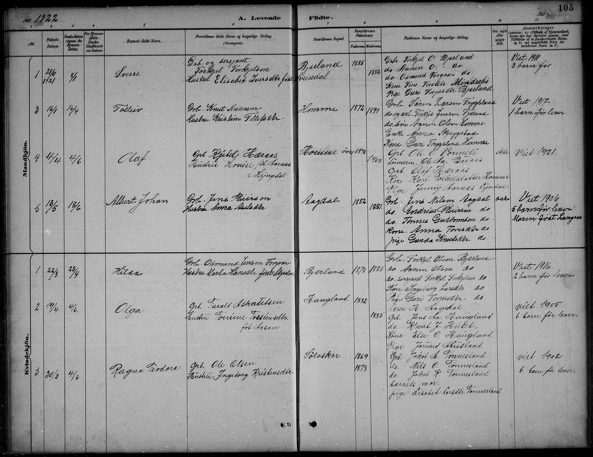 Bjelland sokneprestkontor, SAK/1111-0005/F/Fb/Fba/L0005: Parish register (copy) no. B 5, 1887-1923, p. 105