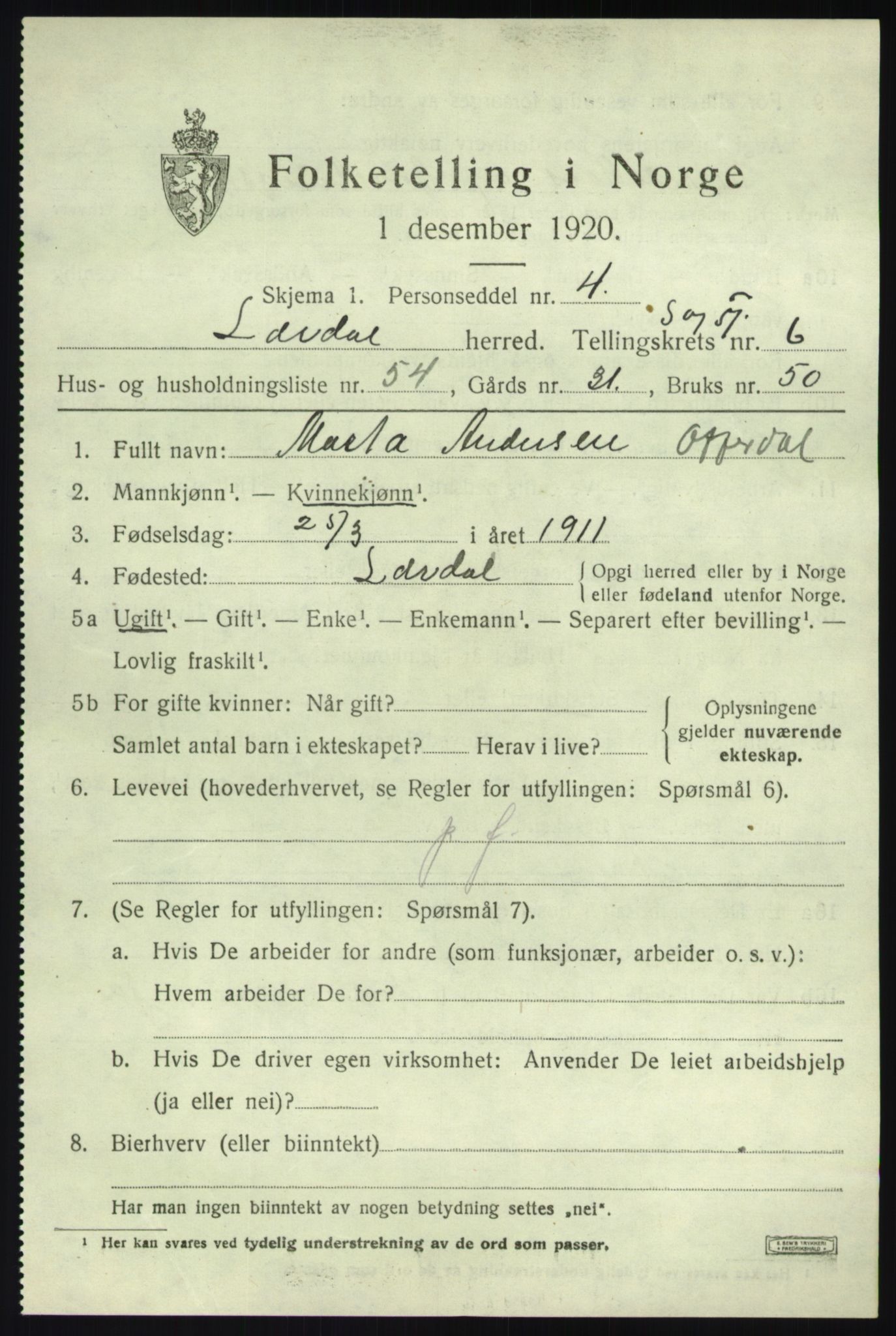SAB, 1920 census for Lærdal, 1920, p. 3162