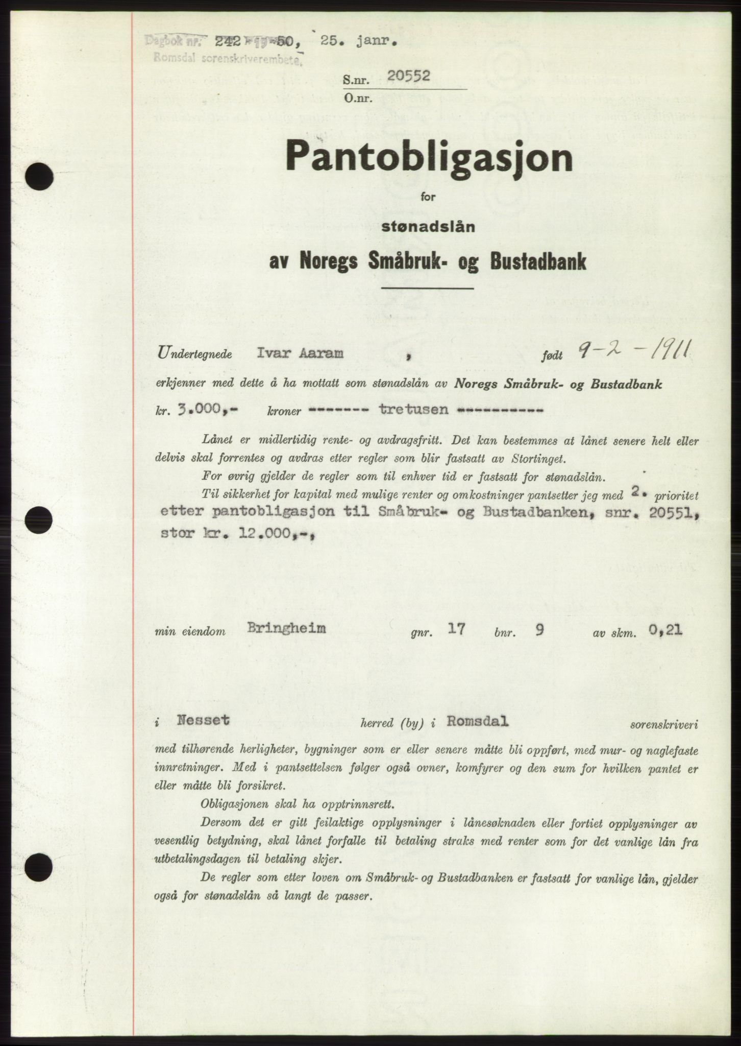 Romsdal sorenskriveri, AV/SAT-A-4149/1/2/2C: Mortgage book no. B5, 1949-1950, Diary no: : 242/1950