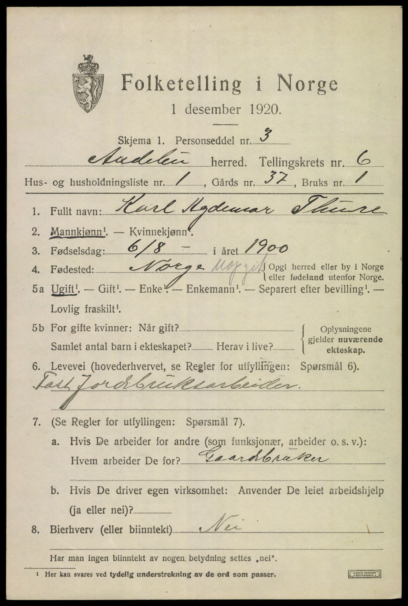 SAKO, 1920 census for Andebu, 1920, p. 2854