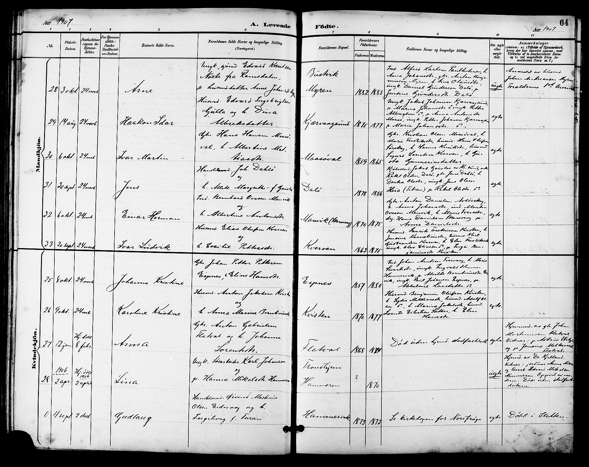 Ministerialprotokoller, klokkerbøker og fødselsregistre - Sør-Trøndelag, AV/SAT-A-1456/641/L0598: Parish register (copy) no. 641C02, 1893-1910, p. 64