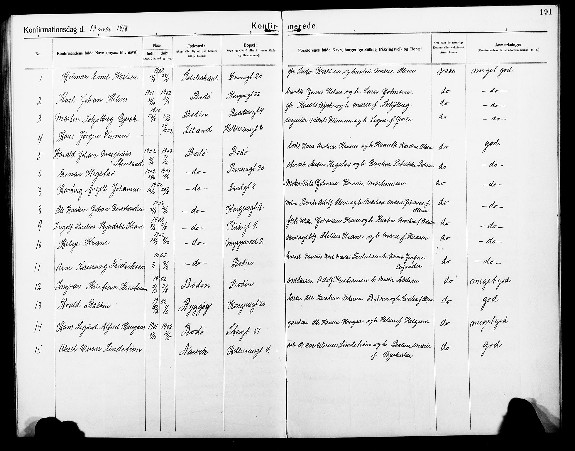 Ministerialprotokoller, klokkerbøker og fødselsregistre - Nordland, AV/SAT-A-1459/801/L0034: Parish register (copy) no. 801C09, 1910-1922, p. 191