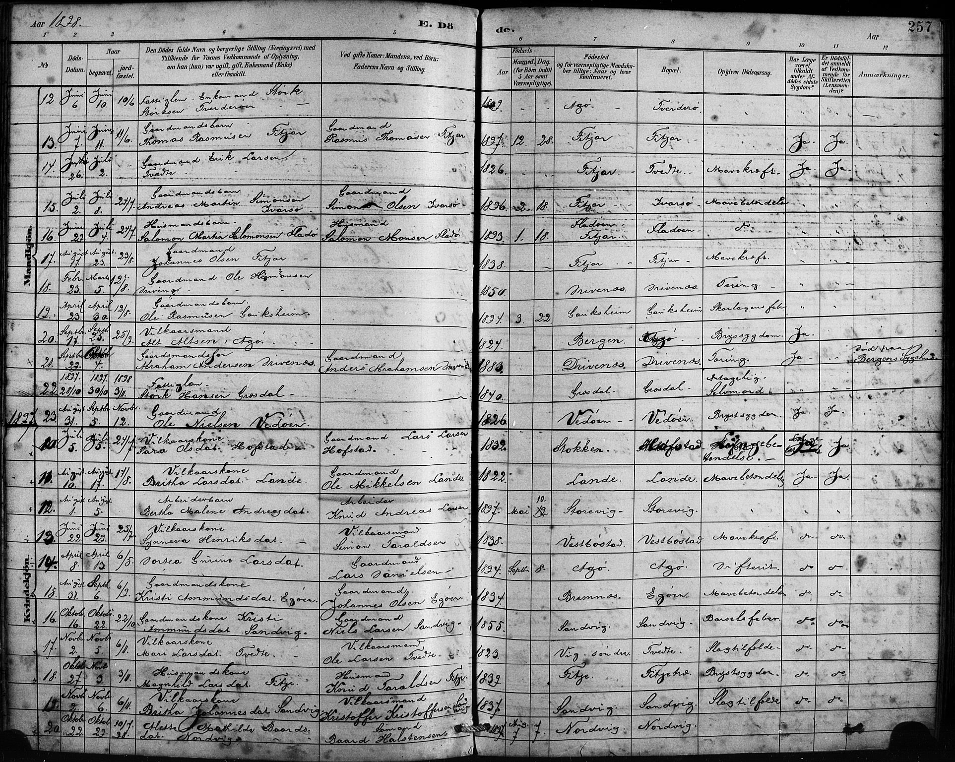 Fitjar sokneprestembete, SAB/A-99926: Parish register (official) no. A 2, 1882-1899, p. 257