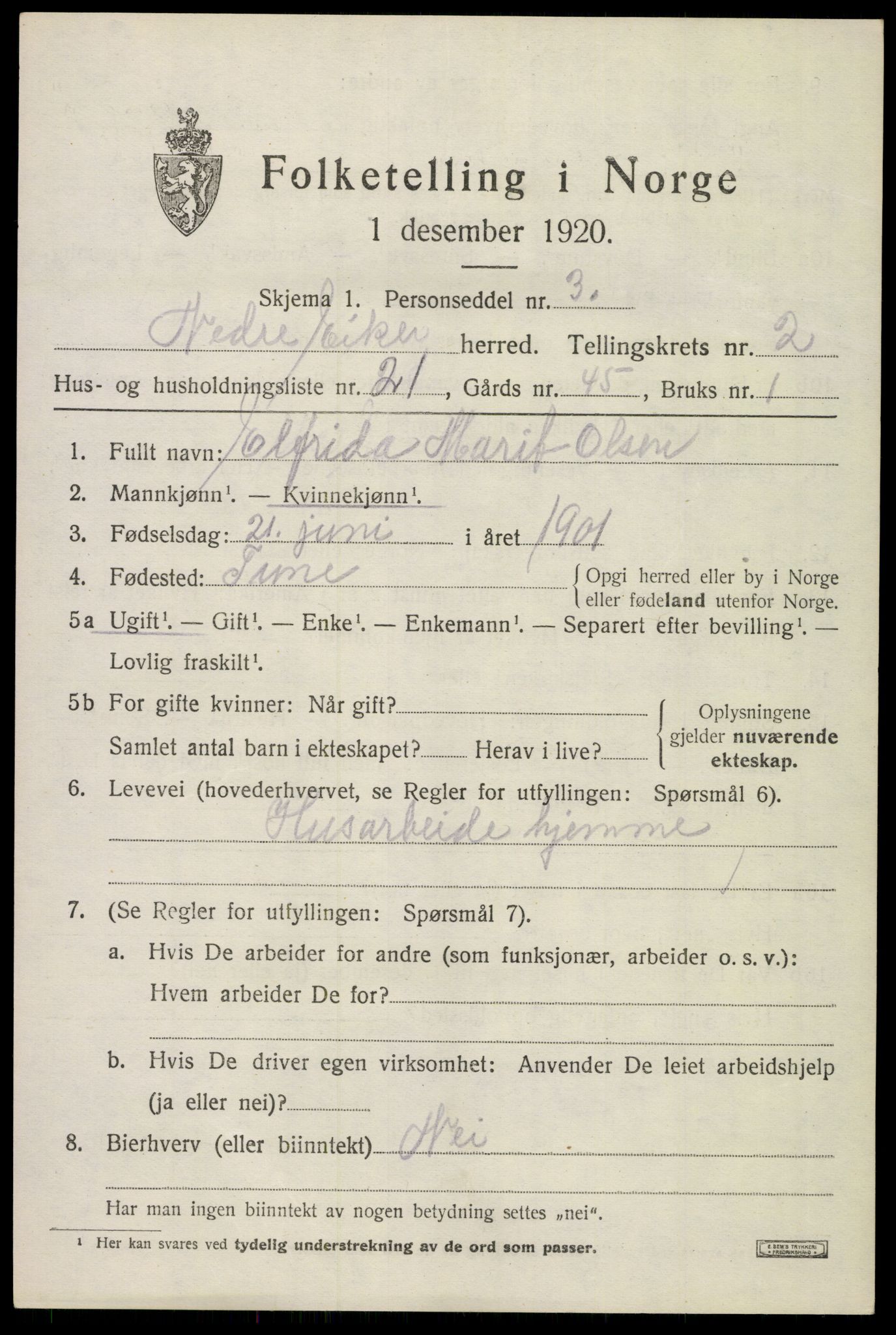 SAKO, 1920 census for Nedre Eiker, 1920, p. 3855