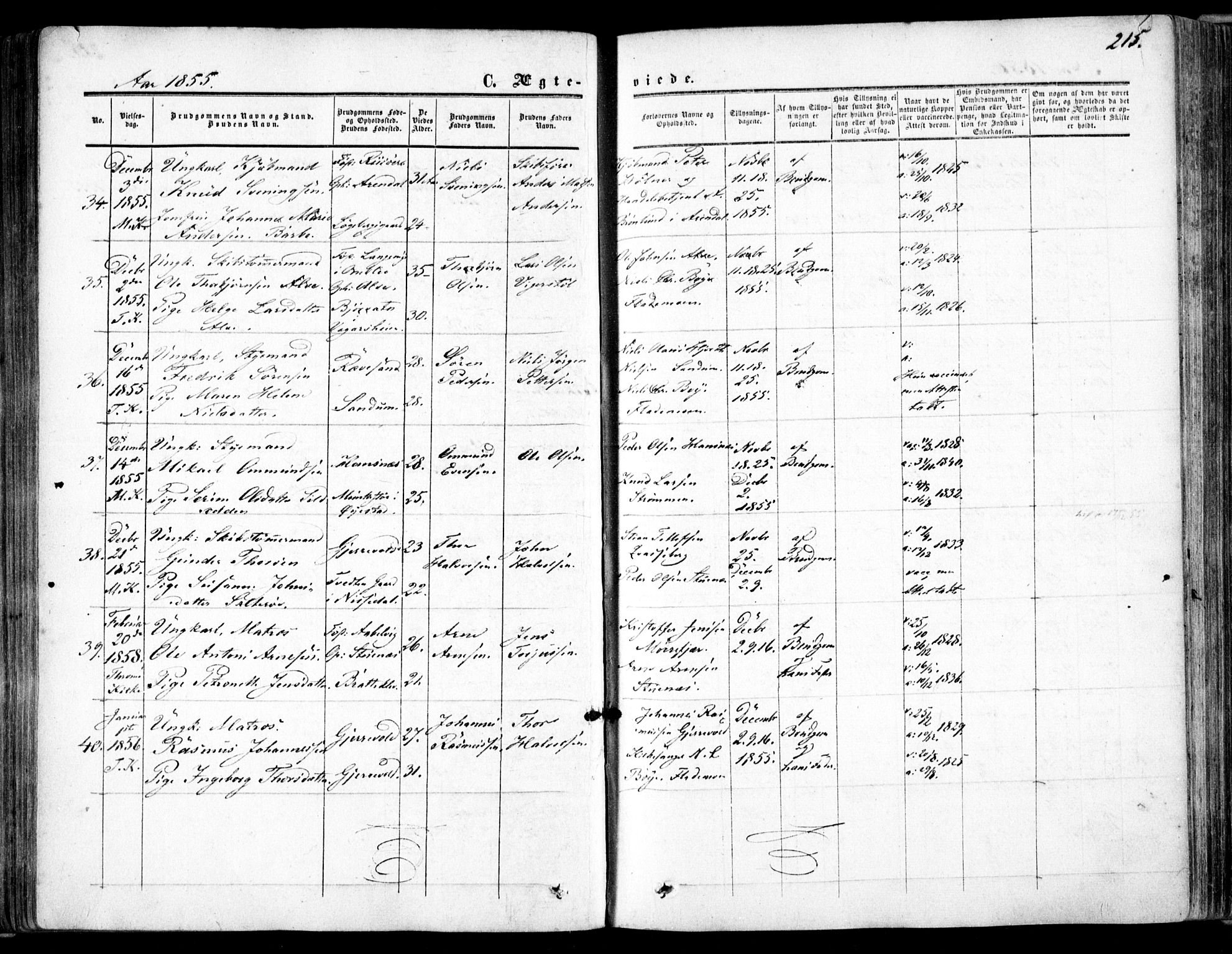 Tromøy sokneprestkontor, SAK/1111-0041/F/Fa/L0006: Parish register (official) no. A 6, 1855-1863, p. 215