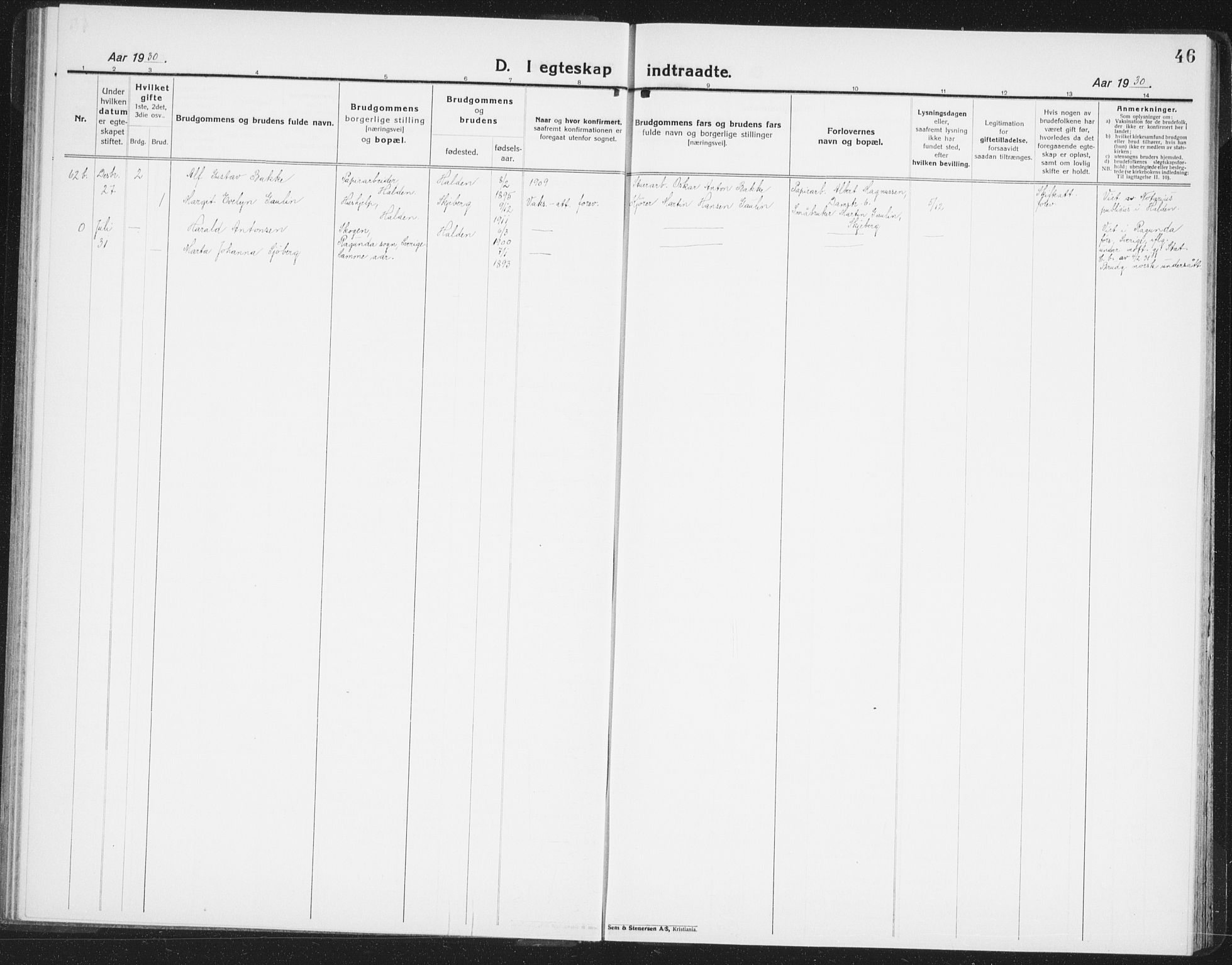 Halden prestekontor Kirkebøker, AV/SAO-A-10909/G/Ga/L0014: Parish register (copy) no. 14, 1925-1943, p. 46