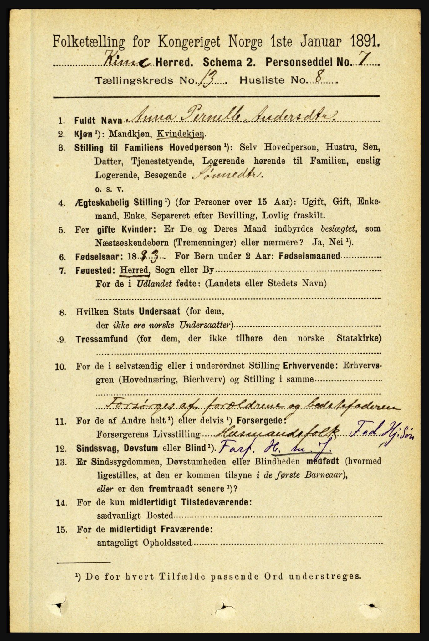 RA, 1891 census for 1437 Kinn, 1891, p. 5110