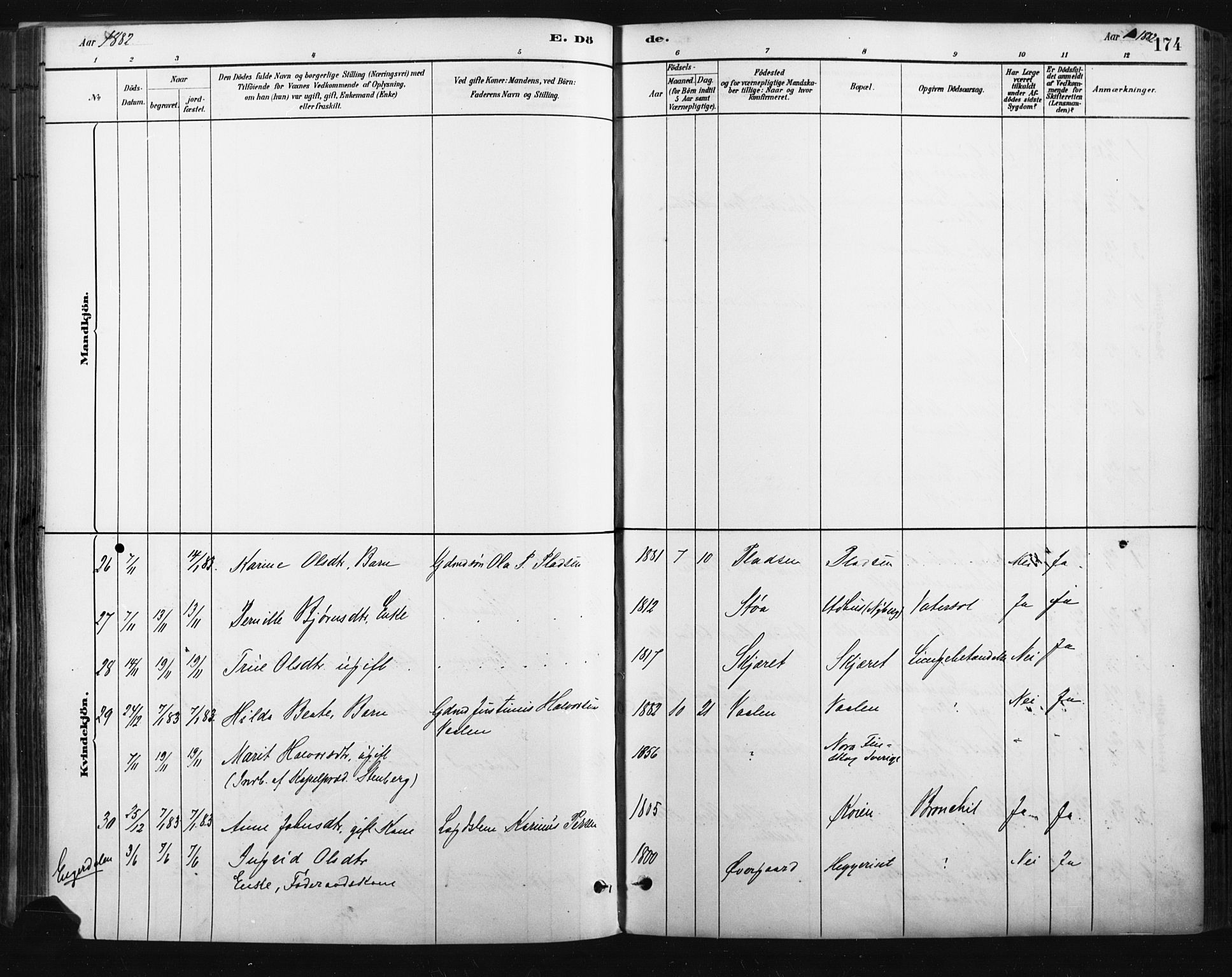 Trysil prestekontor, SAH/PREST-046/H/Ha/Haa/L0009: Parish register (official) no. 9, 1881-1897, p. 174
