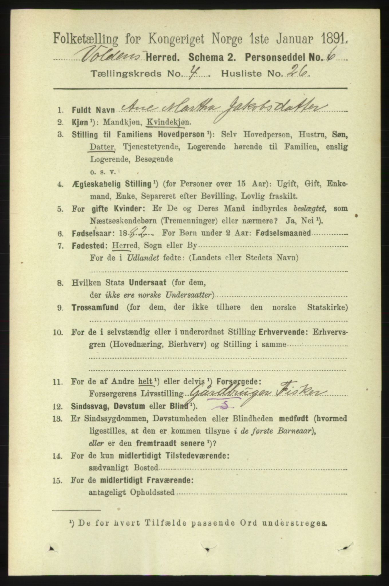 RA, 1891 census for 1519 Volda, 1891, p. 2138