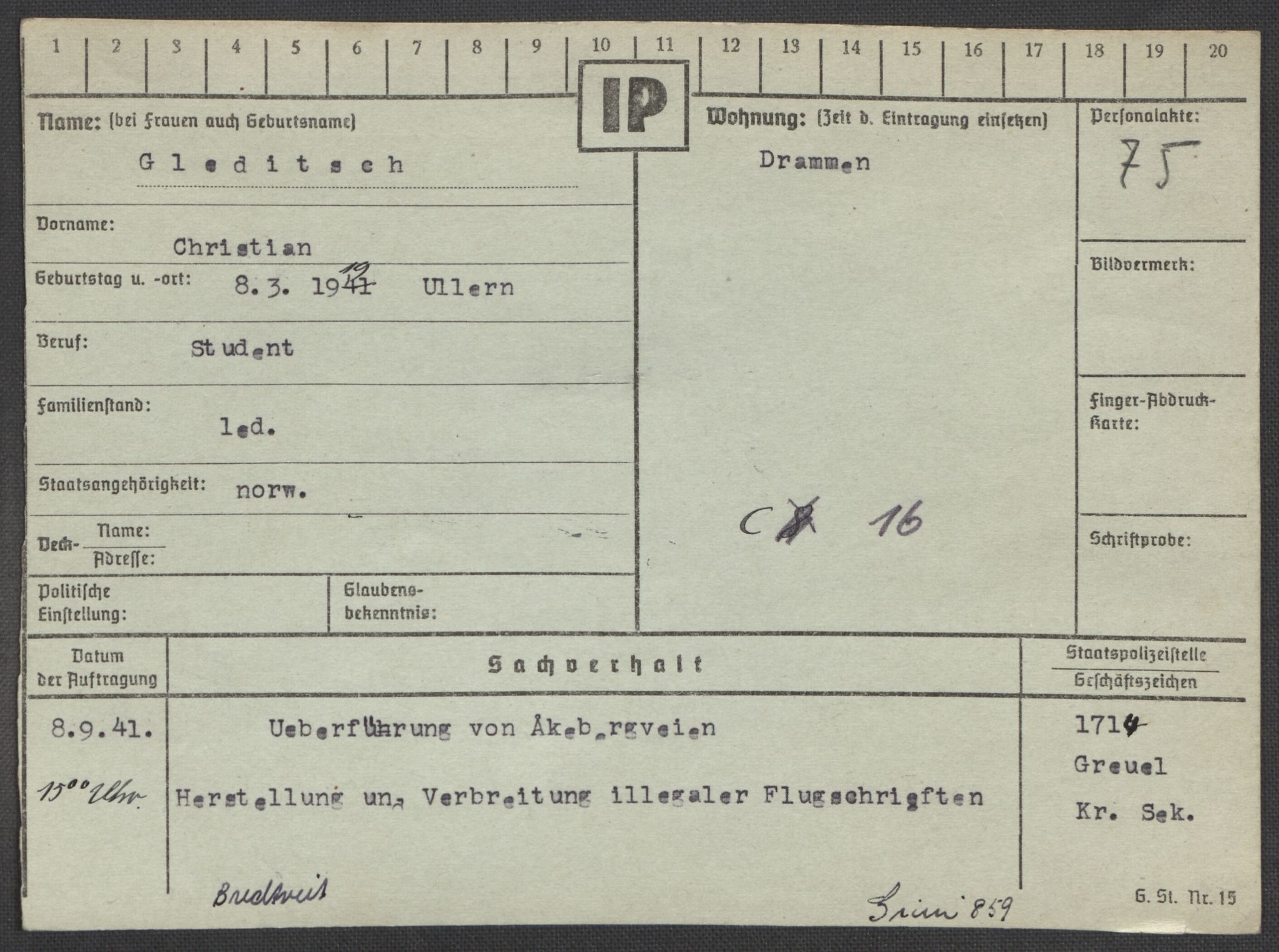 Befehlshaber der Sicherheitspolizei und des SD, RA/RAFA-5969/E/Ea/Eaa/L0003: Register over norske fanger i Møllergata 19: Eng-Hag, 1940-1945, p. 867