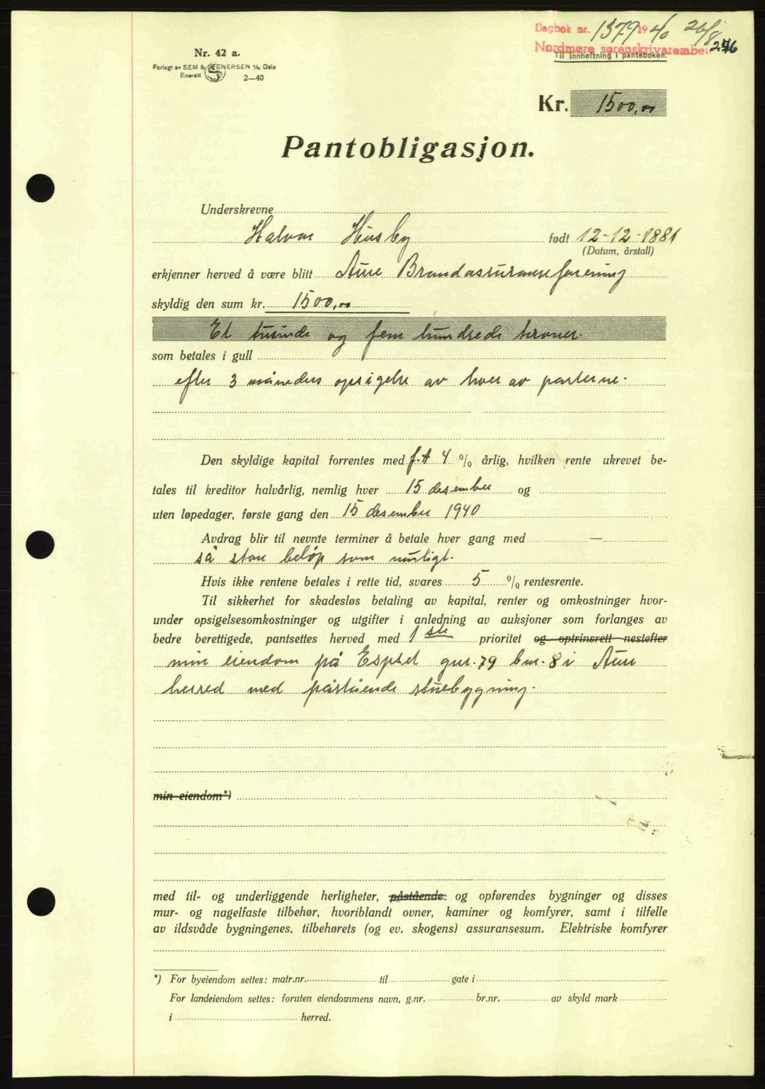 Nordmøre sorenskriveri, AV/SAT-A-4132/1/2/2Ca: Mortgage book no. B87, 1940-1941, Diary no: : 1379/1940