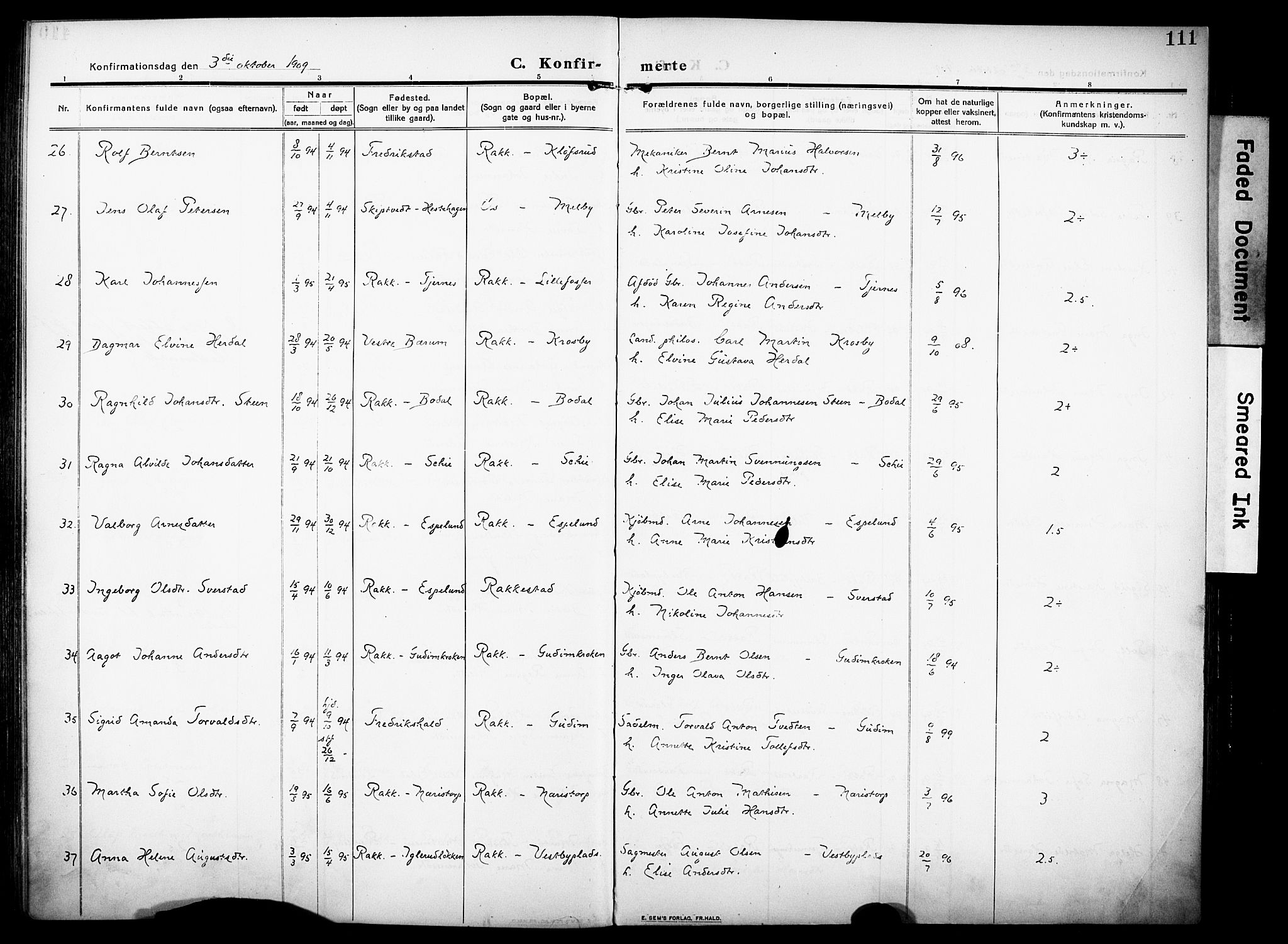 Rakkestad prestekontor Kirkebøker, AV/SAO-A-2008/F/Fa/L0015: Parish register (official) no. I 15, 1909-1922, p. 111