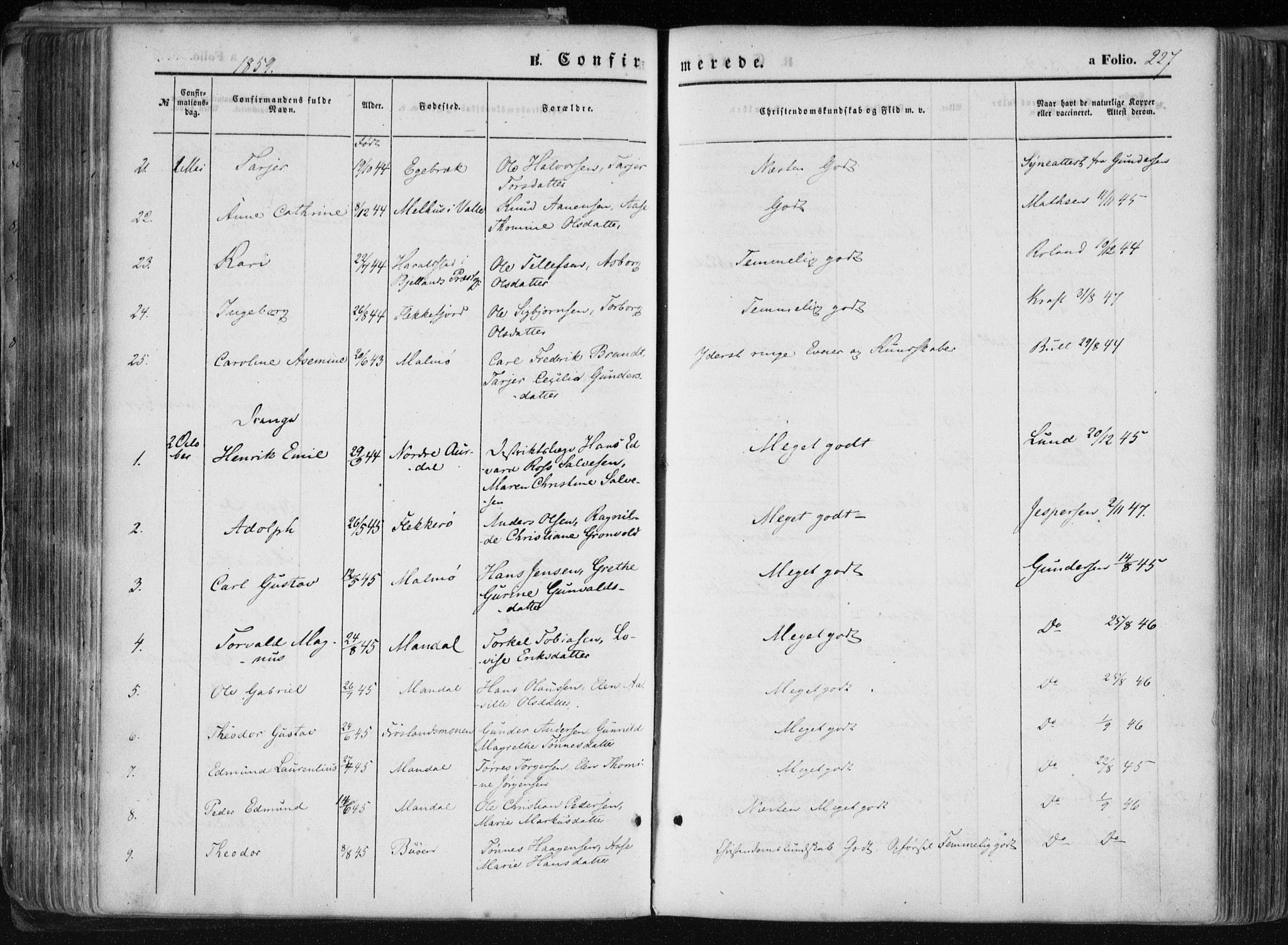 Mandal sokneprestkontor, AV/SAK-1111-0030/F/Fa/Faa/L0014: Parish register (official) no. A 14, 1859-1872, p. 227