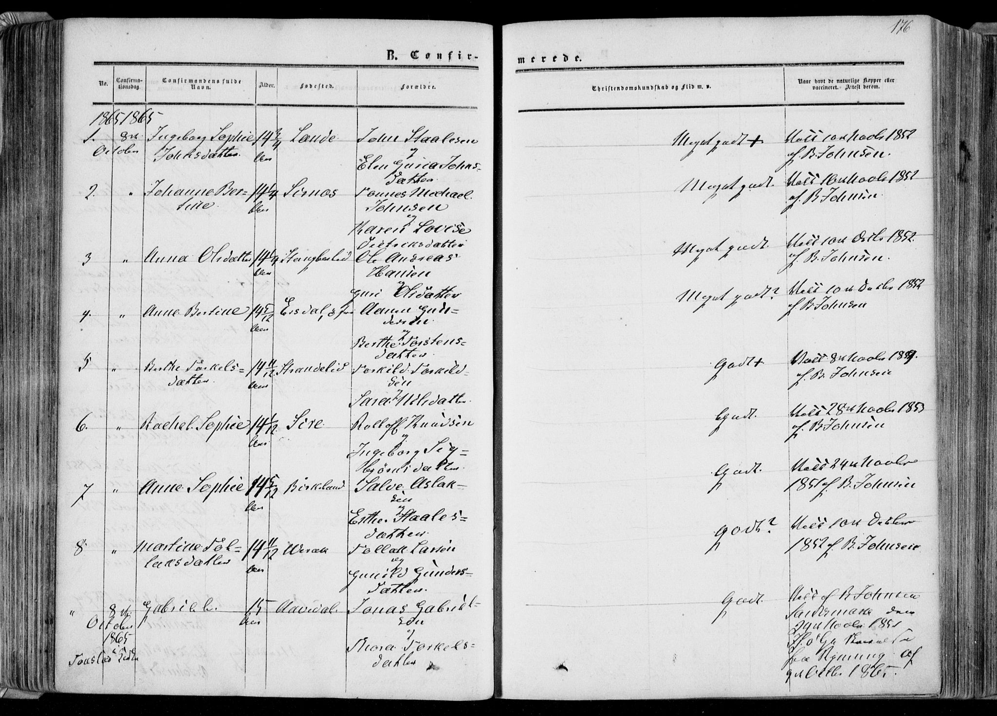 Bakke sokneprestkontor, AV/SAK-1111-0002/F/Fa/Faa/L0006: Parish register (official) no. A 6, 1855-1877, p. 176