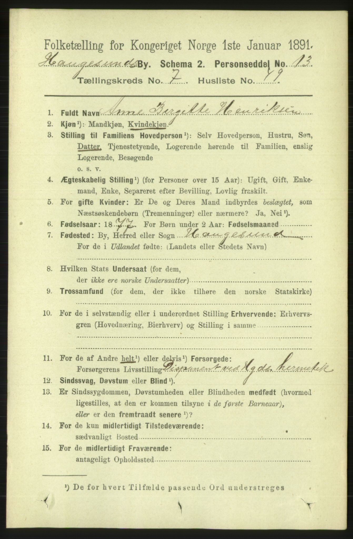 RA, 1891 census for 1106 Haugesund, 1891, p. 3686