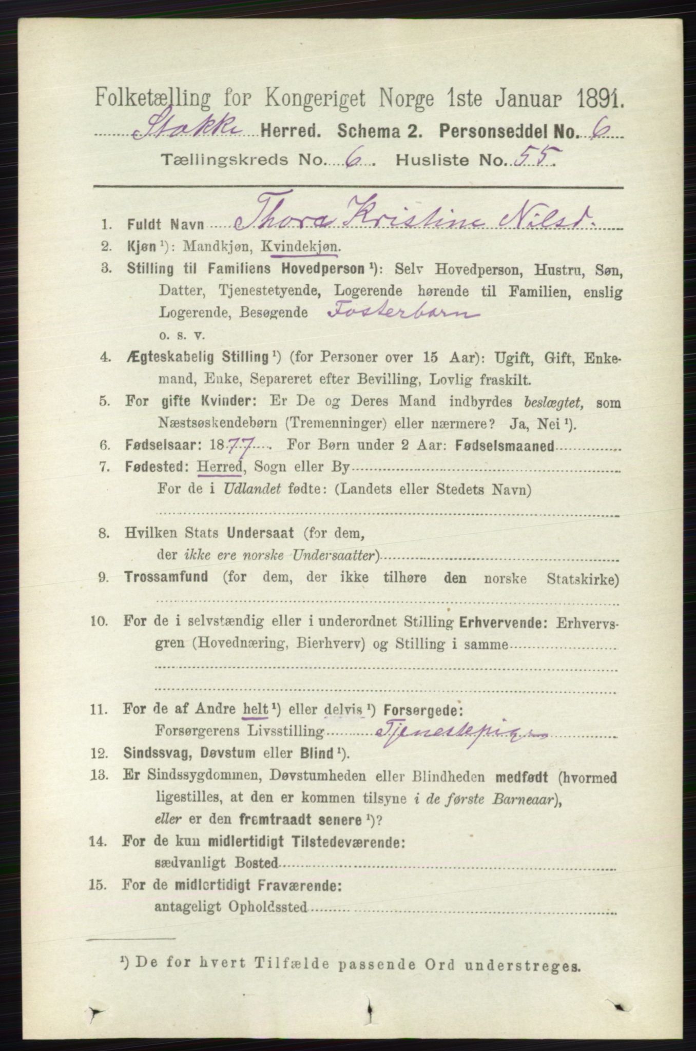 RA, 1891 census for 0720 Stokke, 1891, p. 4164