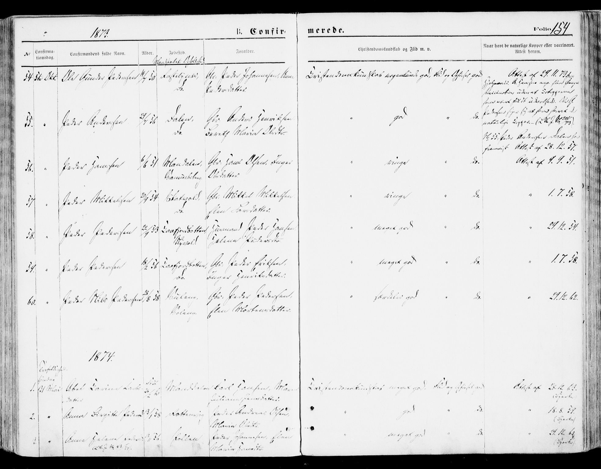 Lyngen sokneprestembete, AV/SATØ-S-1289/H/He/Hea/L0006kirke: Parish register (official) no. 6, 1870-1878, p. 154