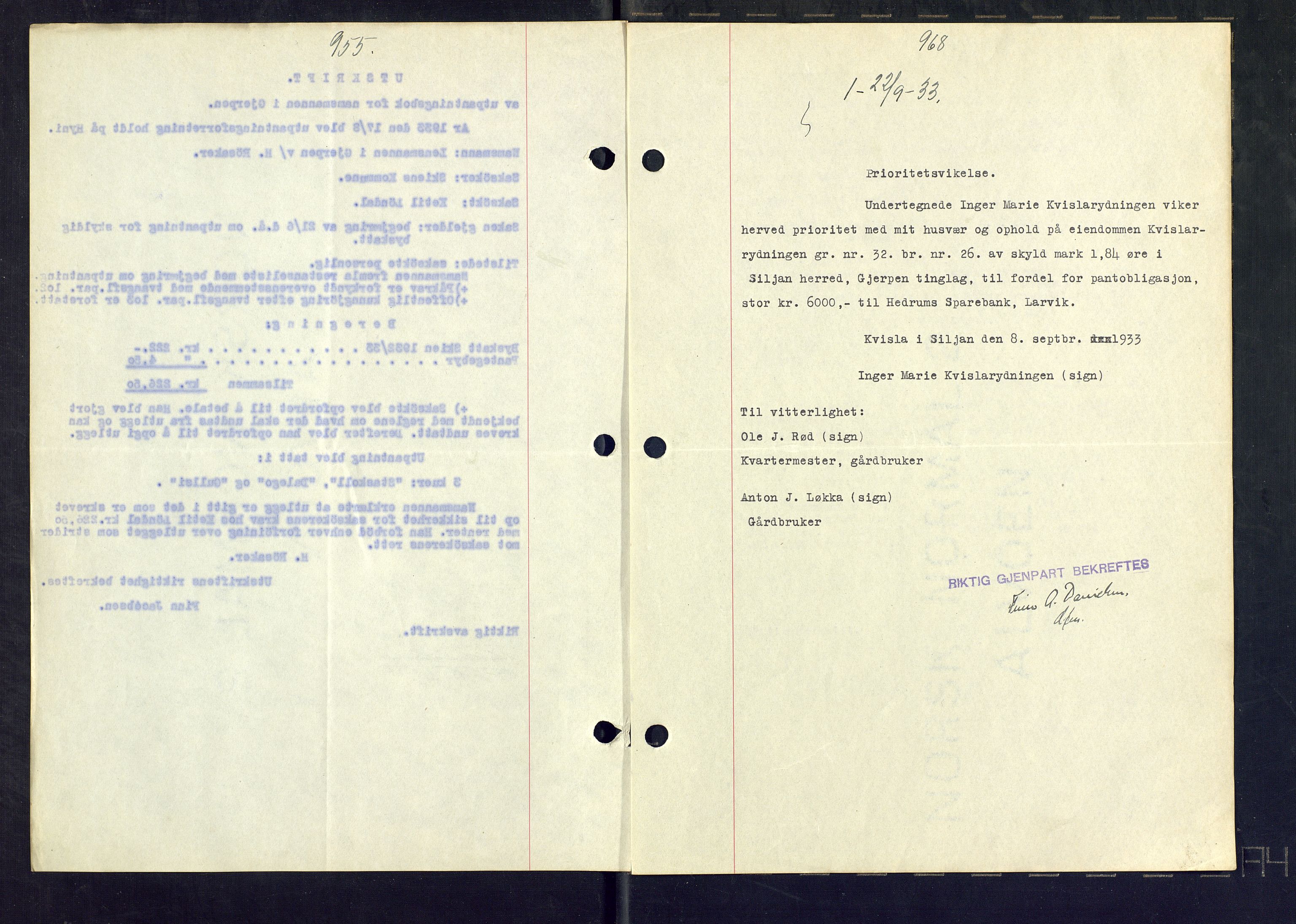 Gjerpen sorenskriveri, SAKO/A-216/G/Ga/Gaa/L0059: Mortgage book no. I 59-60 og 62, 1932-1934, Deed date: 22.09.1933
