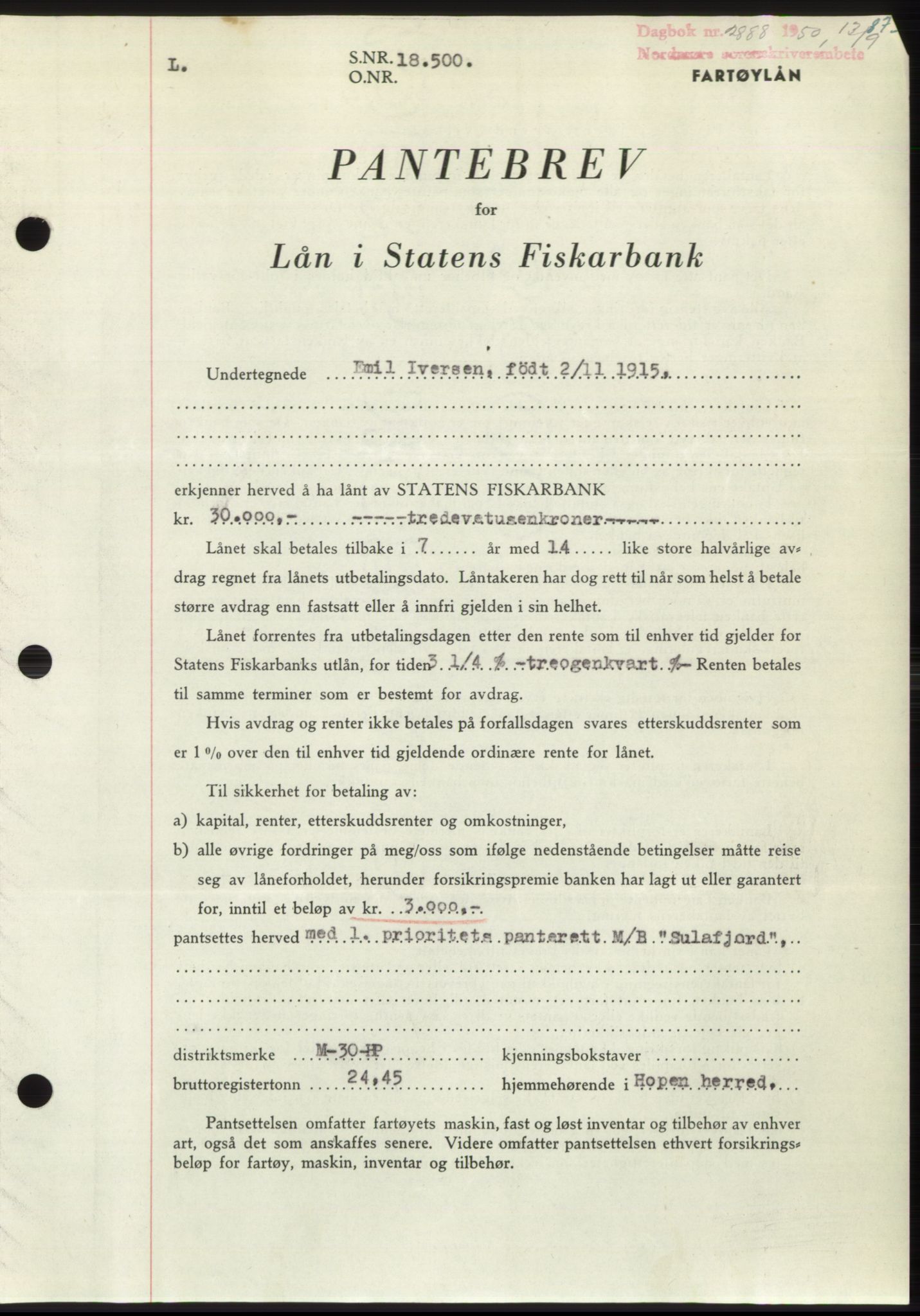 Nordmøre sorenskriveri, AV/SAT-A-4132/1/2/2Ca: Mortgage book no. B105, 1950-1950, Diary no: : 2888/1950