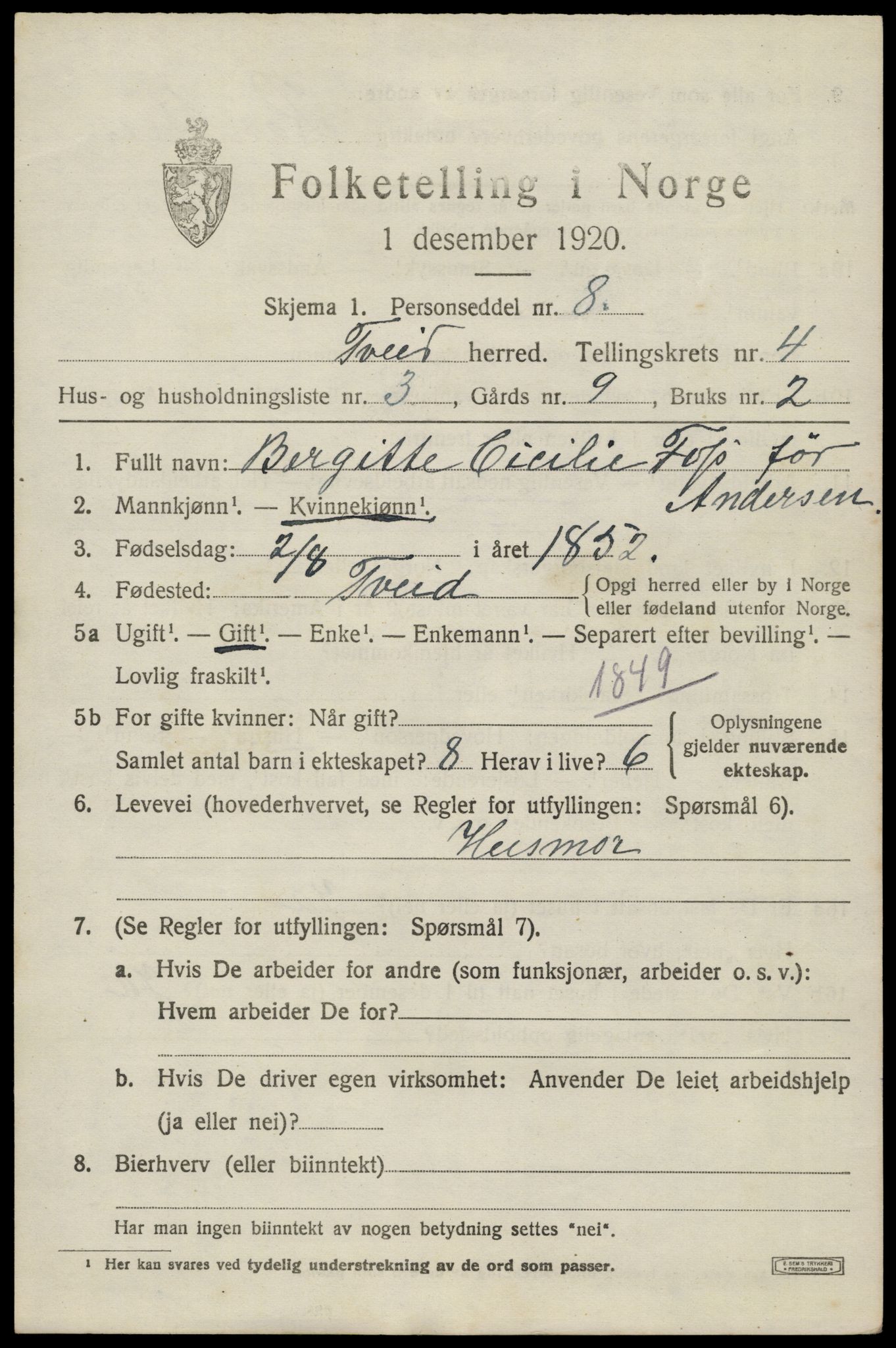 SAK, 1920 census for Tveit, 1920, p. 2014