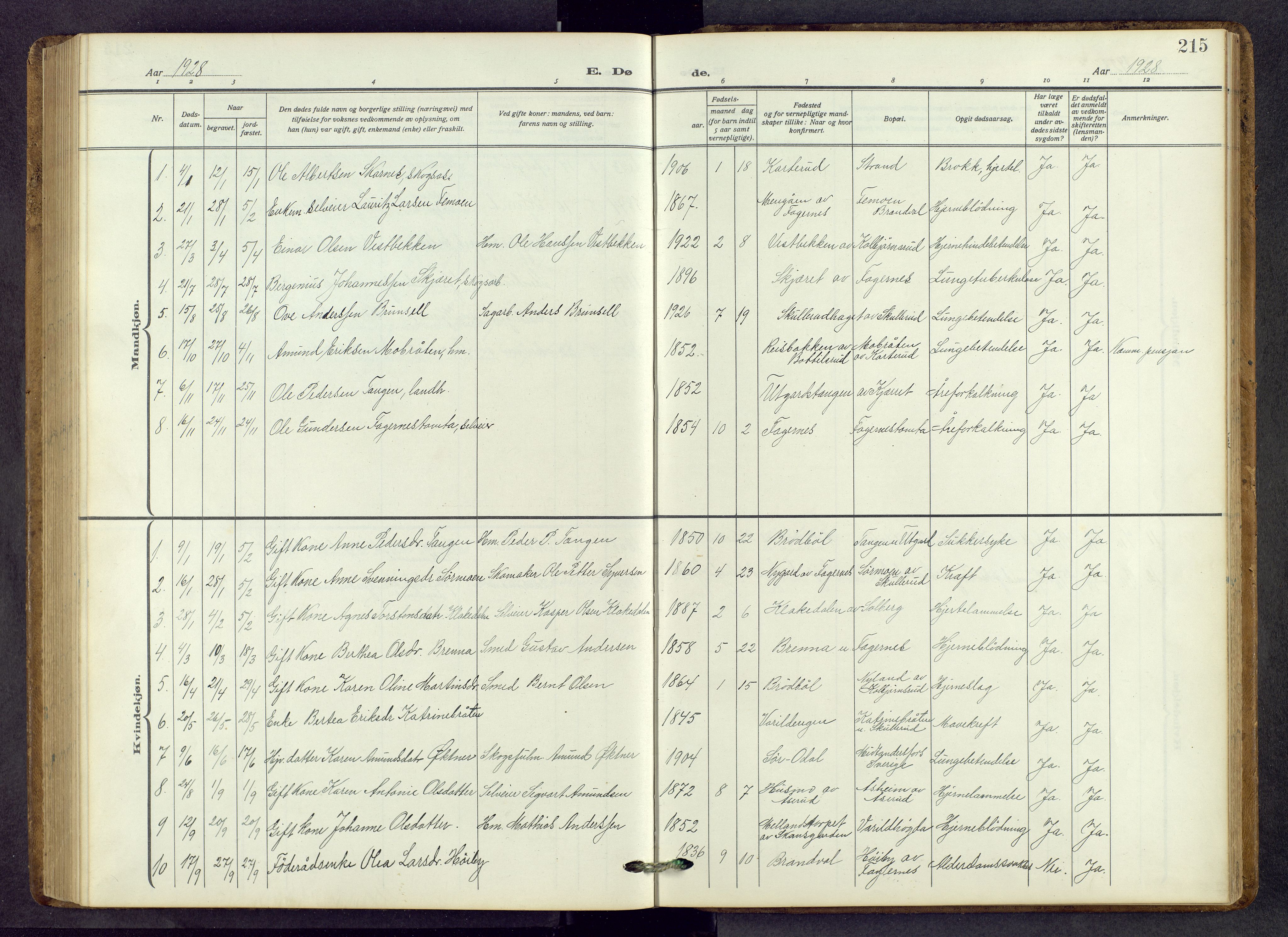 Vinger prestekontor, SAH/PREST-024/H/Ha/Hab/L0006: Parish register (copy) no. 6, 1921-1973, p. 215