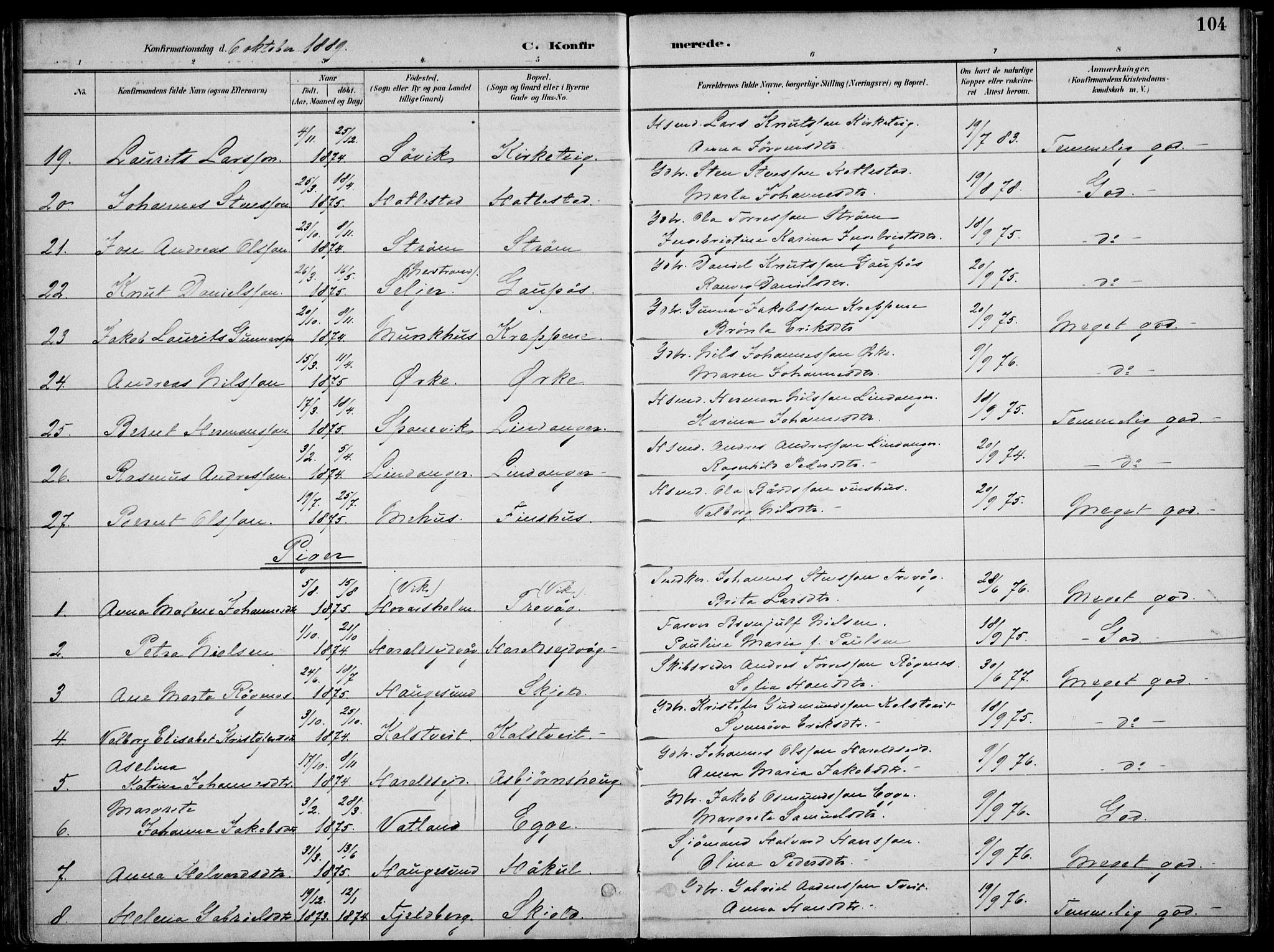 Skjold sokneprestkontor, AV/SAST-A-101847/H/Ha/Haa/L0010: Parish register (official) no. A 10, 1882-1897, p. 104