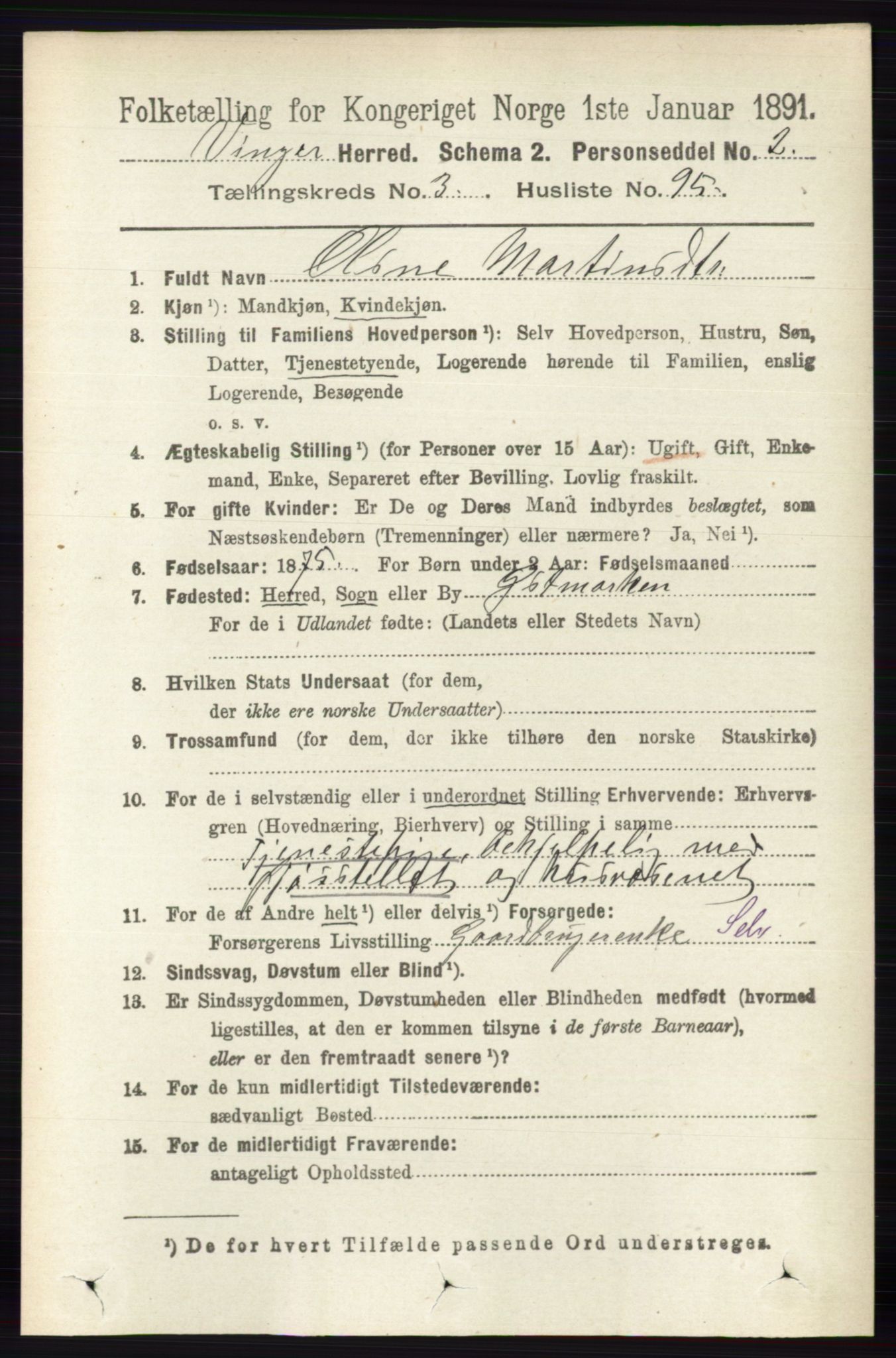 RA, 1891 census for 0421 Vinger, 1891, p. 1471